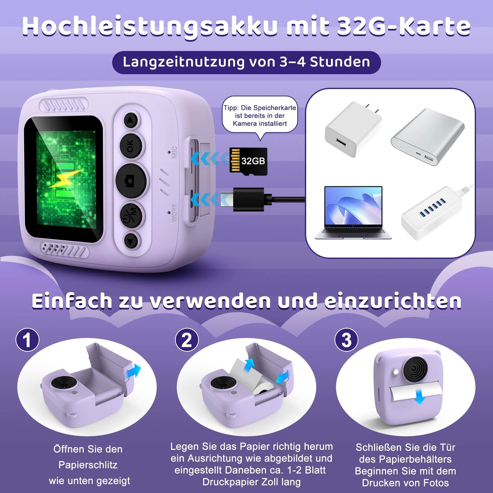 Kinderkamera Sofortbildkamera, Kinder Kamera mit 32GB Karte & 4 Bände Druckpapier, 48MP Sofortbildkamera Kinder mit 1080P Digitalkamera für Kinder, Geschenke für Mädchen und Jungen von 3 bis 12 Jahre - Image 5