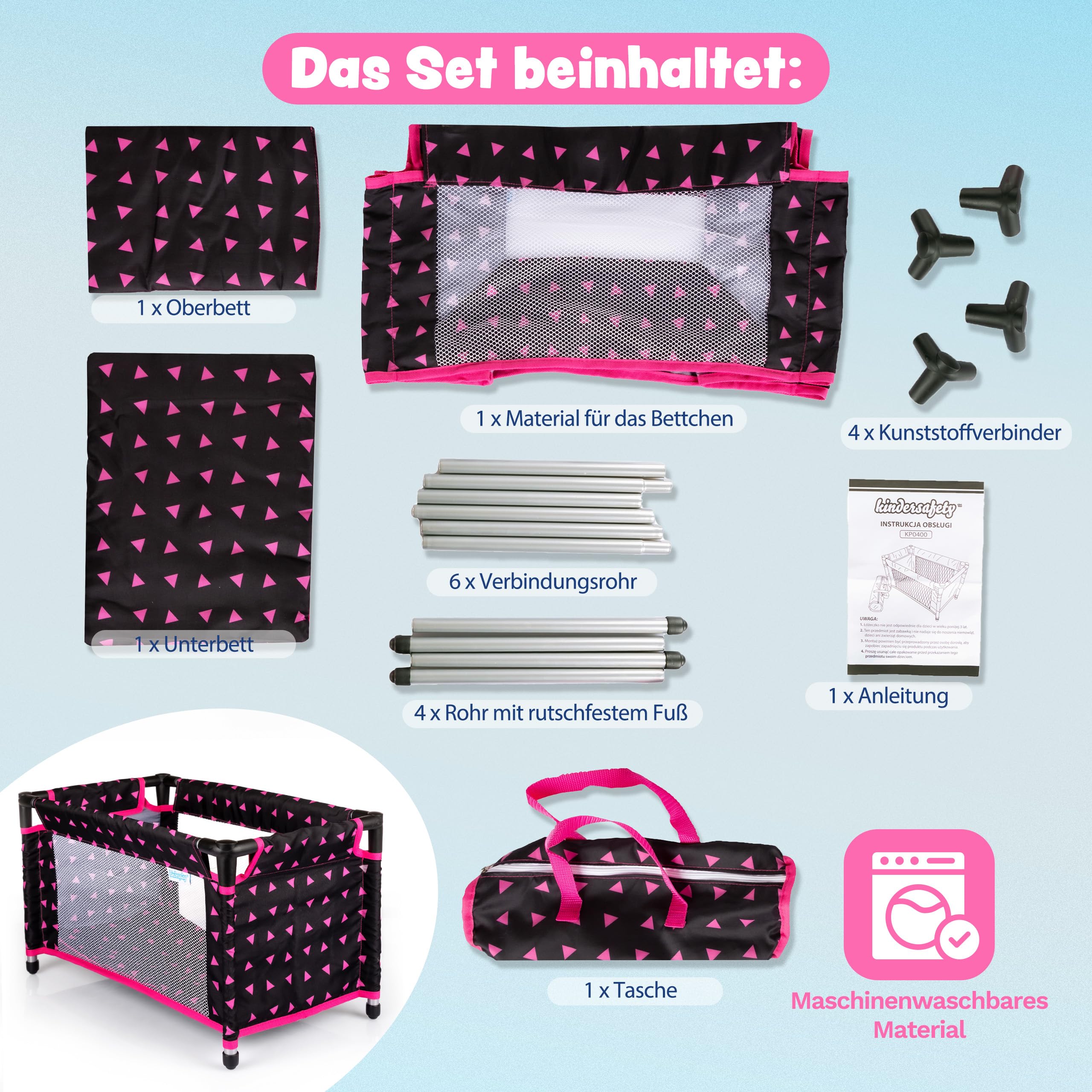 Kinderplay Puppenreisebett – Faltbares Puppenbett mit Tragetasche & Bettwäsche – Für 43–46 cm Puppen (Baby Born, Baby Annabell) – Leichtes Spielzeugbett, Modell KP0400R - Image 6