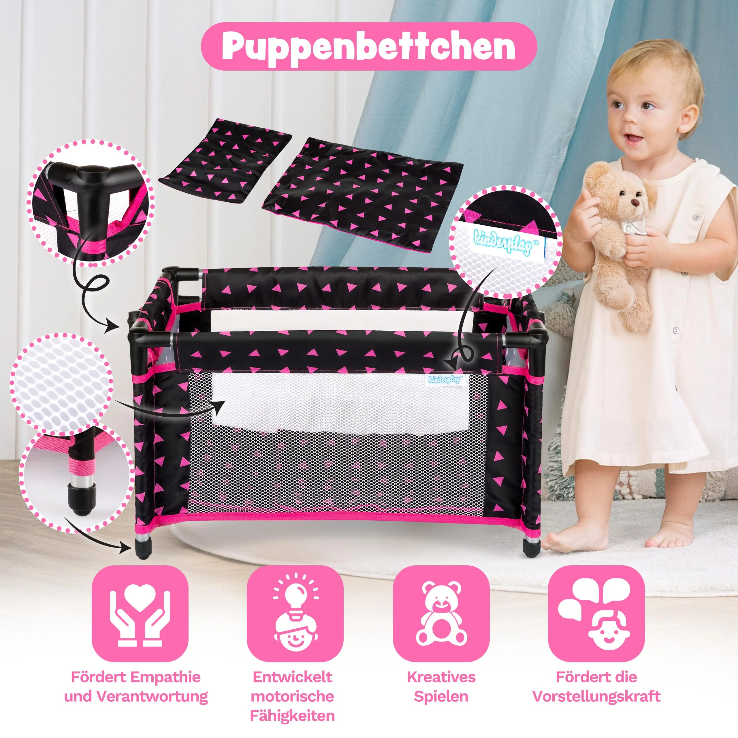 Kinderplay Puppenreisebett – Faltbares Puppenbett mit Tragetasche & Bettwäsche – Für 43–46 cm Puppen (Baby Born, Baby Annabell) – Leichtes Spielzeugbett, Modell KP0400R - Image 7