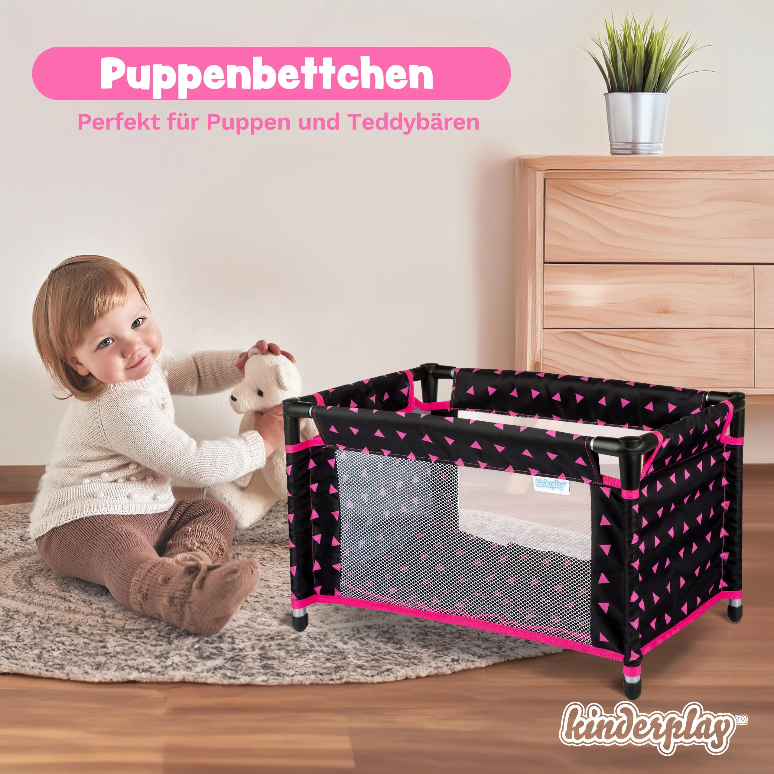 Kinderplay Puppenreisebett – Faltbares Puppenbett mit Tragetasche & Bettwäsche – Für 43–46 cm Puppen (Baby Born, Baby Annabell) – Leichtes Spielzeugbett, Modell KP0400R - Image 9