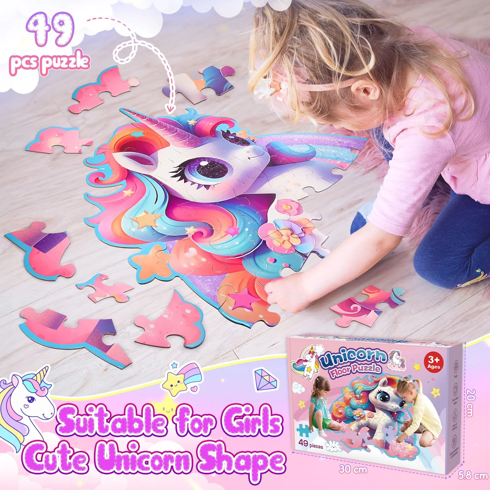 Kinderpuzzle Einhorn Geschenke für Mädchen, 49 Teile Bodenpuzzle für Kinder ab 3 Jahren, Großes Einhorn Puzzle Spielzeug als Geschenk für Mädchen Farbenfrohes Kinder Puzzle für Kinderzimmer Dekoration - Image 3
