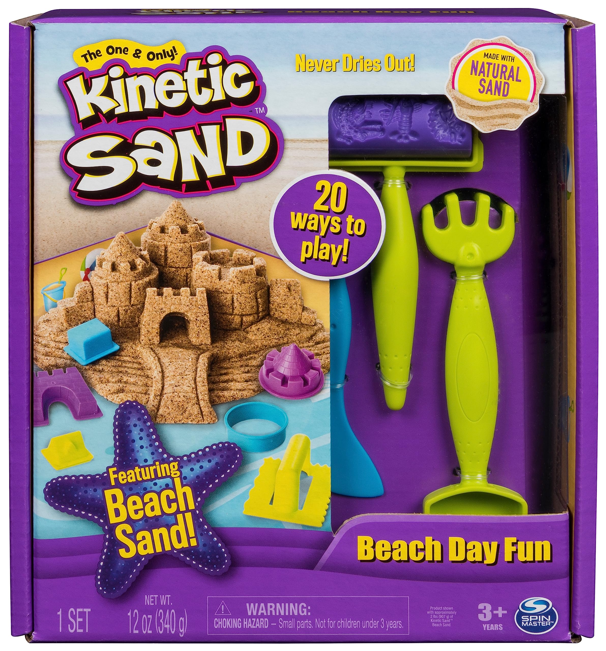 Kinetic Sand Strandspaß Set - mit 340 g magischem Sand aus Schweden und Zubehör für sauberes, kreatives Indoor-Sandspiel, für Kinder ab 3 Jahren