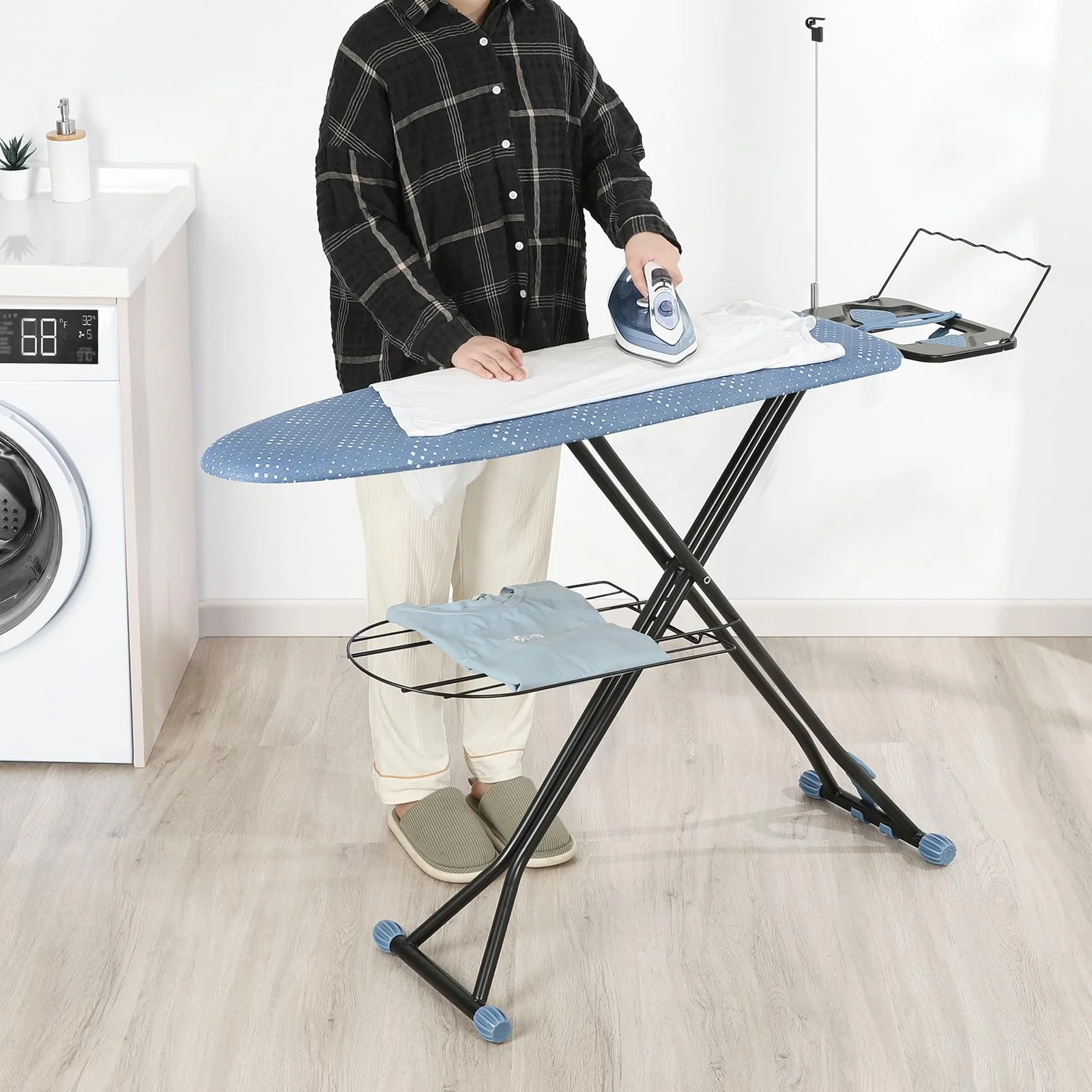 KINGRACK Bügelbrett, Bügelbretter mit Aufbewahrungshaken, Extra Dicker, Hitzebeständiger Bezug, 7 Höhenverstellbar, Bügeltisch mit Antirutschfüßen Schwerlast, Blau