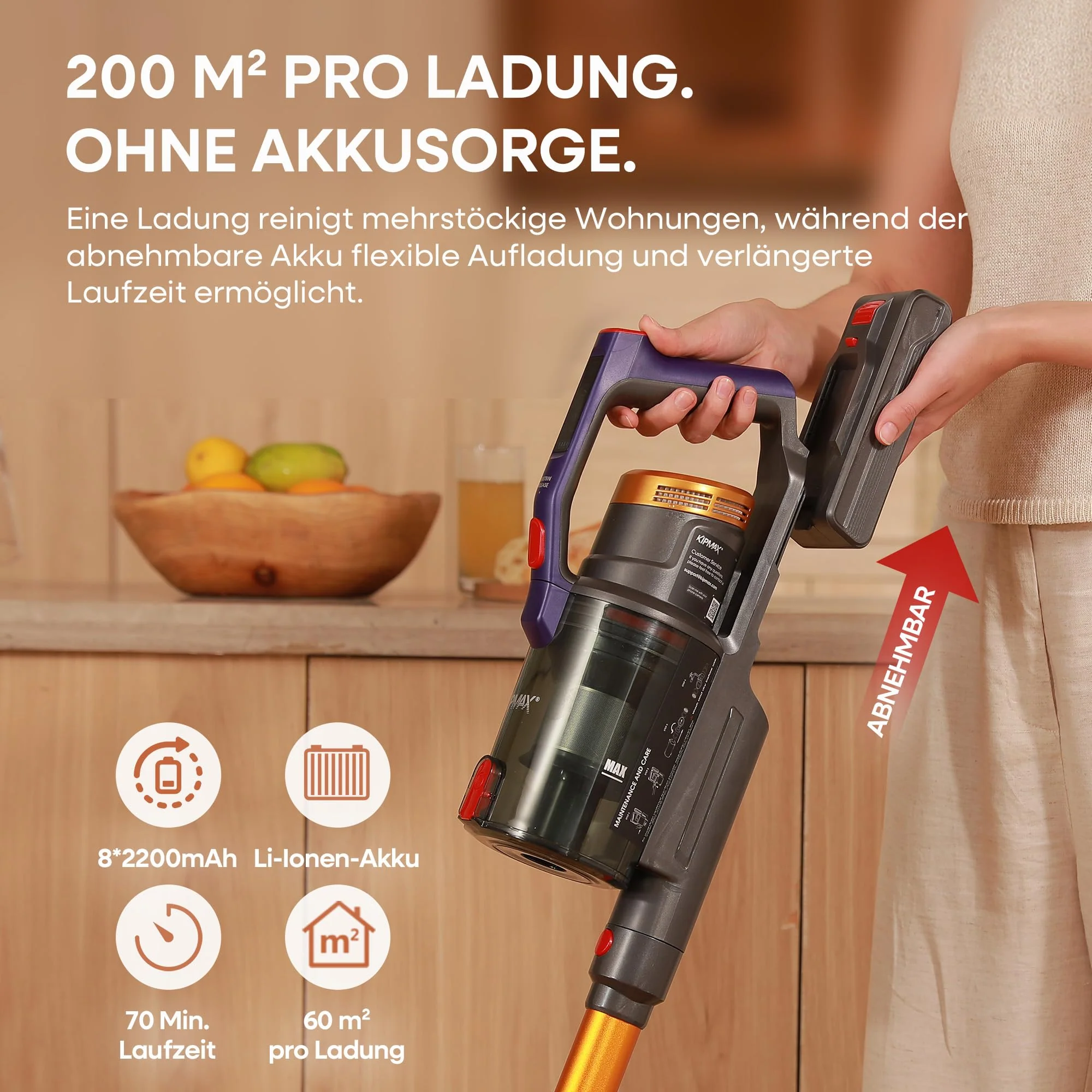 KIPMAX Akku Staubsauger 50000Pa/550W/70Min,1.5L Staubsauger Kabellos mit Display,Anti-Tangle-Bürste,7-Schicht-Filtra & 2 Duftplatten,Selbststehend Akkustaubsauger für Teppiche/Tierhaar/Hartböden - Image 4