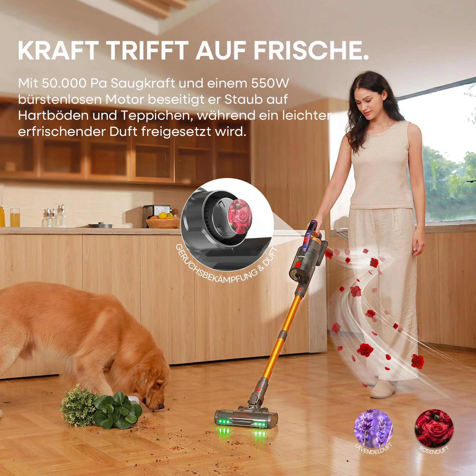 KIPMAX Akku Staubsauger 50000Pa/550W/70Min,1.5L Staubsauger Kabellos mit Display,Anti-Tangle-Bürste,7-Schicht-Filtra & 2 Duftplatten,Selbststehend Akkustaubsauger für Teppiche/Tierhaar/Hartböden - Image 9