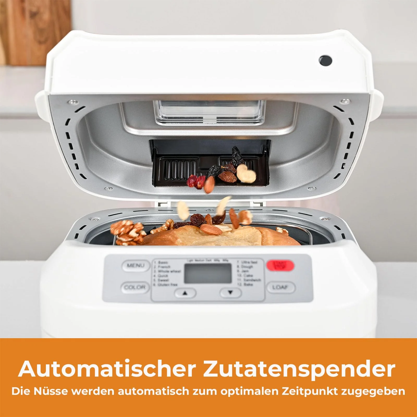 Kitchen in the box Brotbackautomat mit 12-in-1 Programmen, 2 Brotgrößen, 900g, Brotbackmaschine mit 13h Timer, Zutatenspender & Antihaft-Backform, Weiß - Image 7