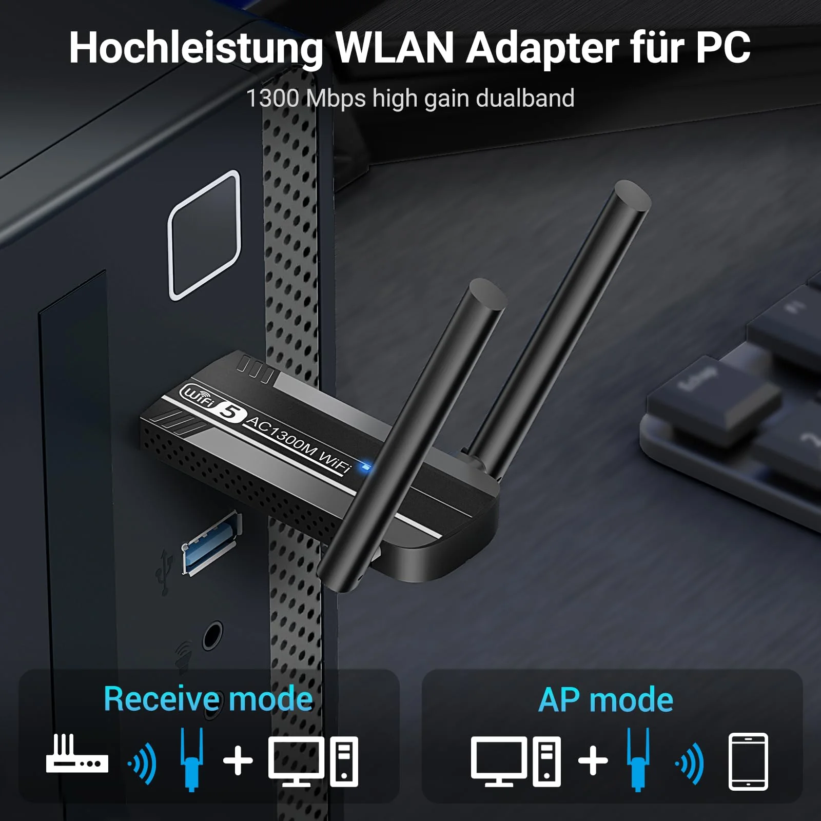 KiWiBiRD WLAN USB 3.0 Stick WiFi Adapter für PC, 1300Mbps Dual Band 5G Hz 2.4G Internet Empfänger Dongle mit 5dBi Antenne Kompatibel mit Computer Desktop Laptop Windows 11/10/8.1/7/Vista/XP - Image 2
