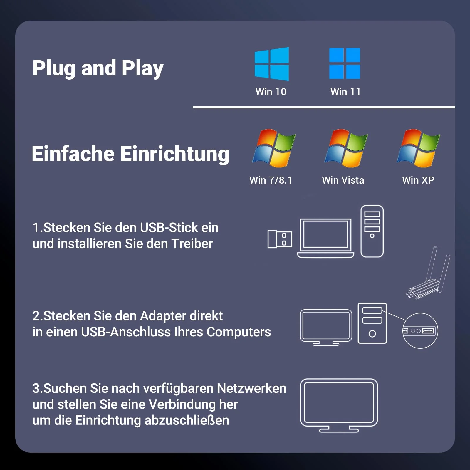 KiWiBiRD WLAN USB 3.0 Stick WiFi Adapter für PC, 1300Mbps Dual Band 5G Hz 2.4G Internet Empfänger Dongle mit 5dBi Antenne Kompatibel mit Computer Desktop Laptop Windows 11/10/8.1/7/Vista/XP - Image 3