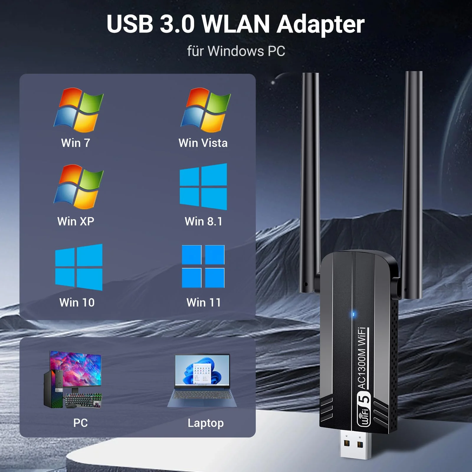 KiWiBiRD WLAN USB 3.0 Stick WiFi Adapter für PC, 1300Mbps Dual Band 5G Hz 2.4G Internet Empfänger Dongle mit 5dBi Antenne Kompatibel mit Computer Desktop Laptop Windows 11/10/8.1/7/Vista/XP - Image 5