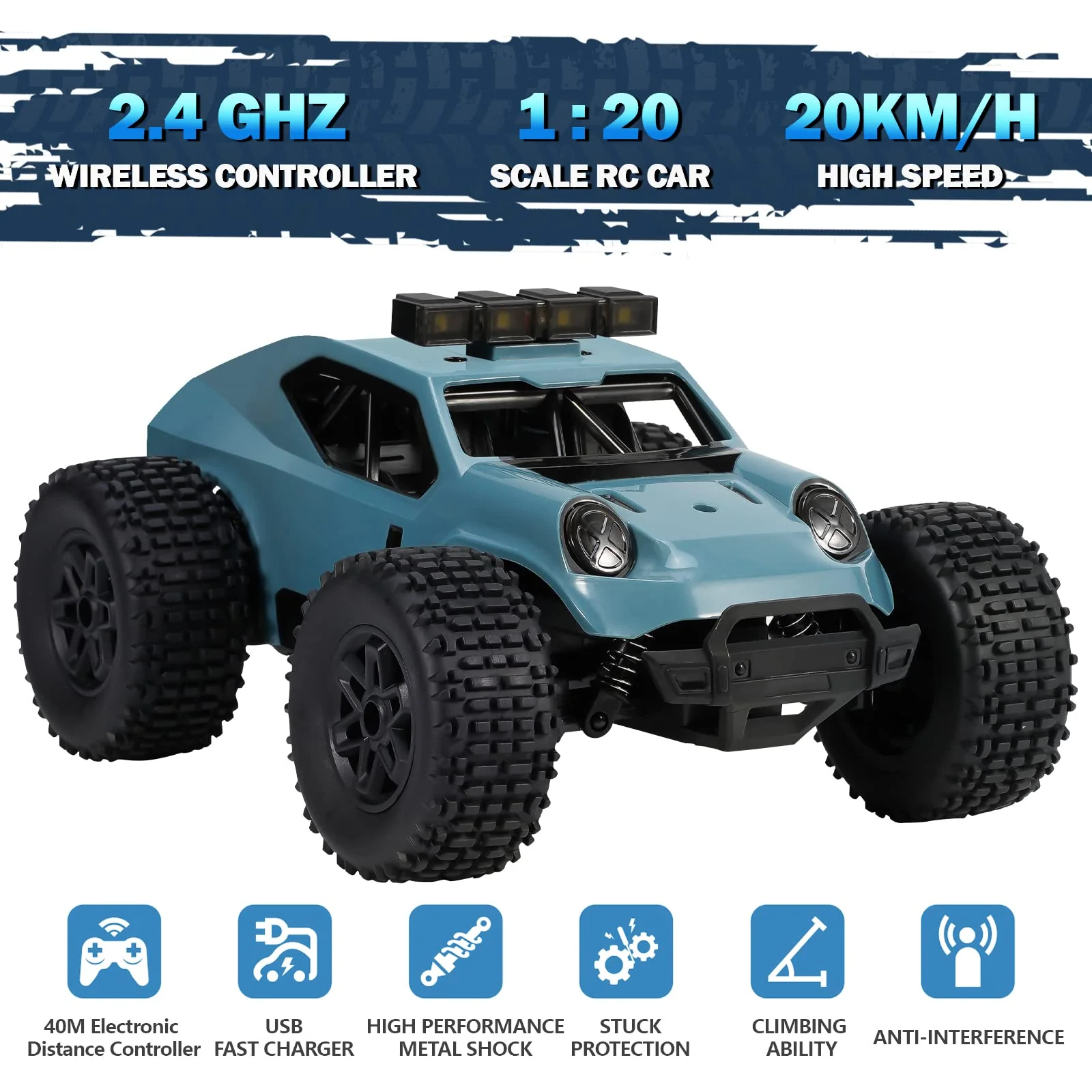 Kizeefun Ferngesteuertes Auto, 2.4Ghz 1/20 RC Auto Geländewagen 20 km/h Alle Gelände, Elektrisches Spielzeug, Offroad mit 2 AKKU 50min Spielzeit und LED Scheinwerfer, Geschenk für Kinder - Image 4