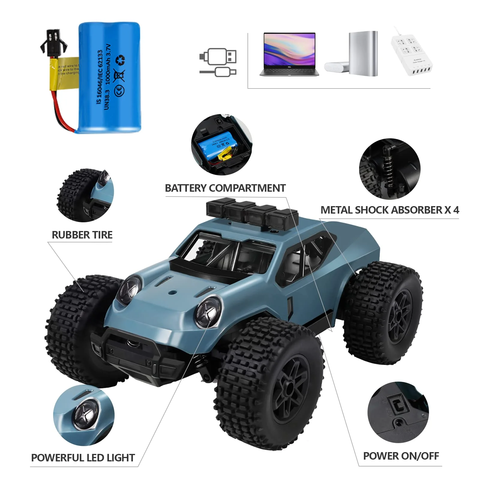 Kizeefun Ferngesteuertes Auto, 2.4Ghz 1/20 RC Auto Geländewagen 20 km/h Alle Gelände, Elektrisches Spielzeug, Offroad mit 2 AKKU 50min Spielzeit und LED Scheinwerfer, Geschenk für Kinder - Image 5