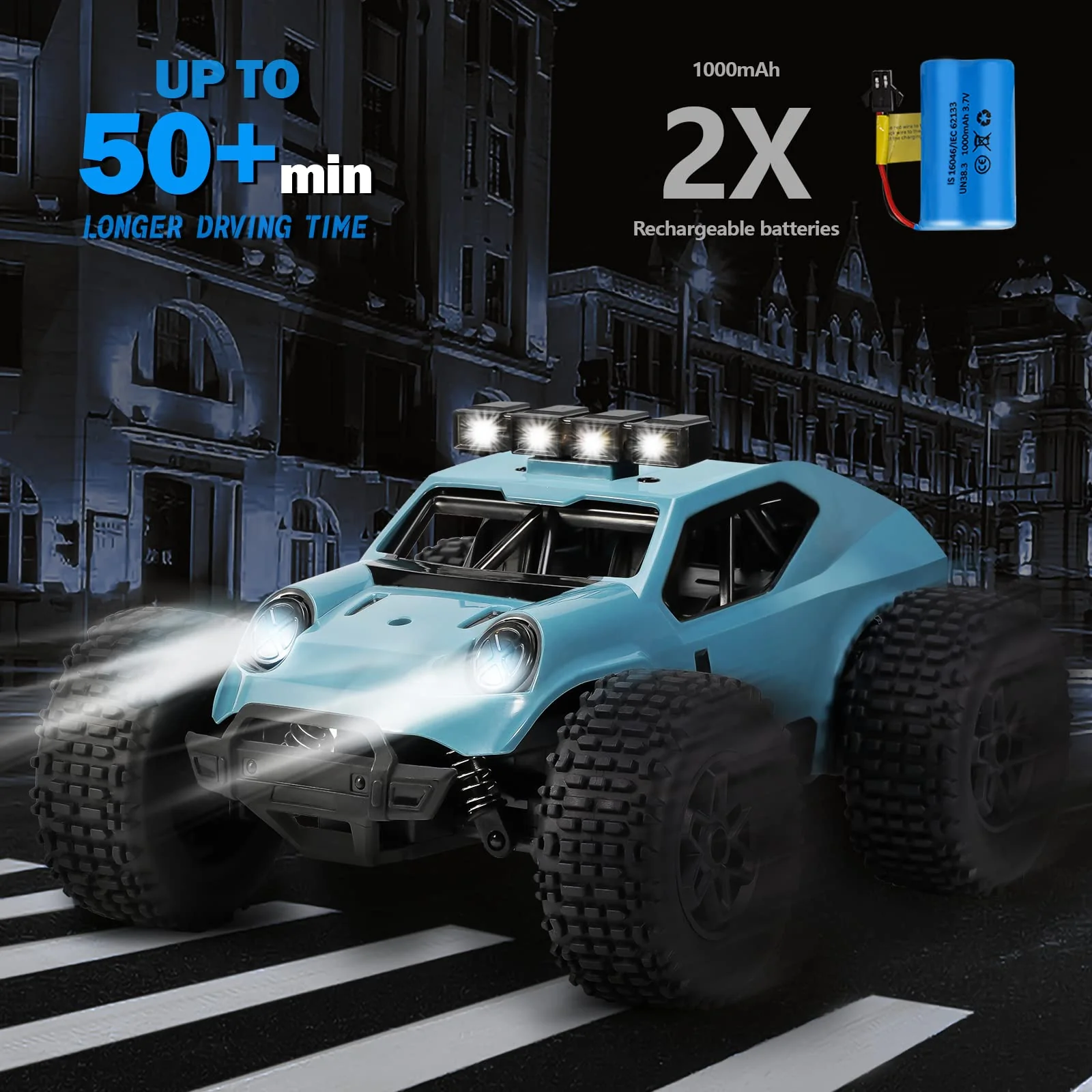 Kizeefun Ferngesteuertes Auto, 2.4Ghz 1/20 RC Auto Geländewagen 20 km/h Alle Gelände, Elektrisches Spielzeug, Offroad mit 2 AKKU 50min Spielzeit und LED Scheinwerfer, Geschenk für Kinder - Image 7