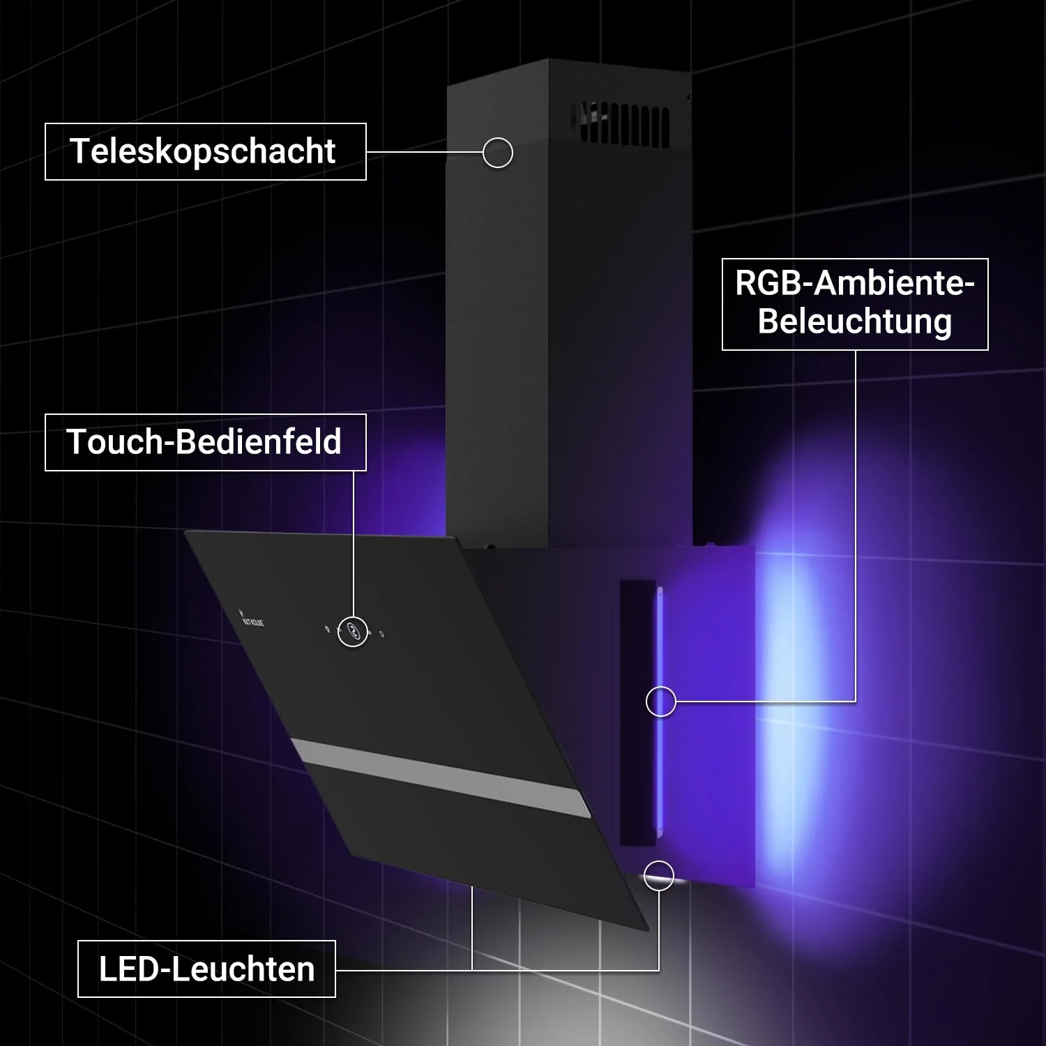 KKT KOLBE Dunstabzugshaube 60 cm | Umluft | Abluft | Kopffrei | Wandhaube | Edelstahl | Schwarz | Glas | Smart WiFi App | WLAN | RGBW-LED-Beleuchtung | EASY609SHCM - Image 8