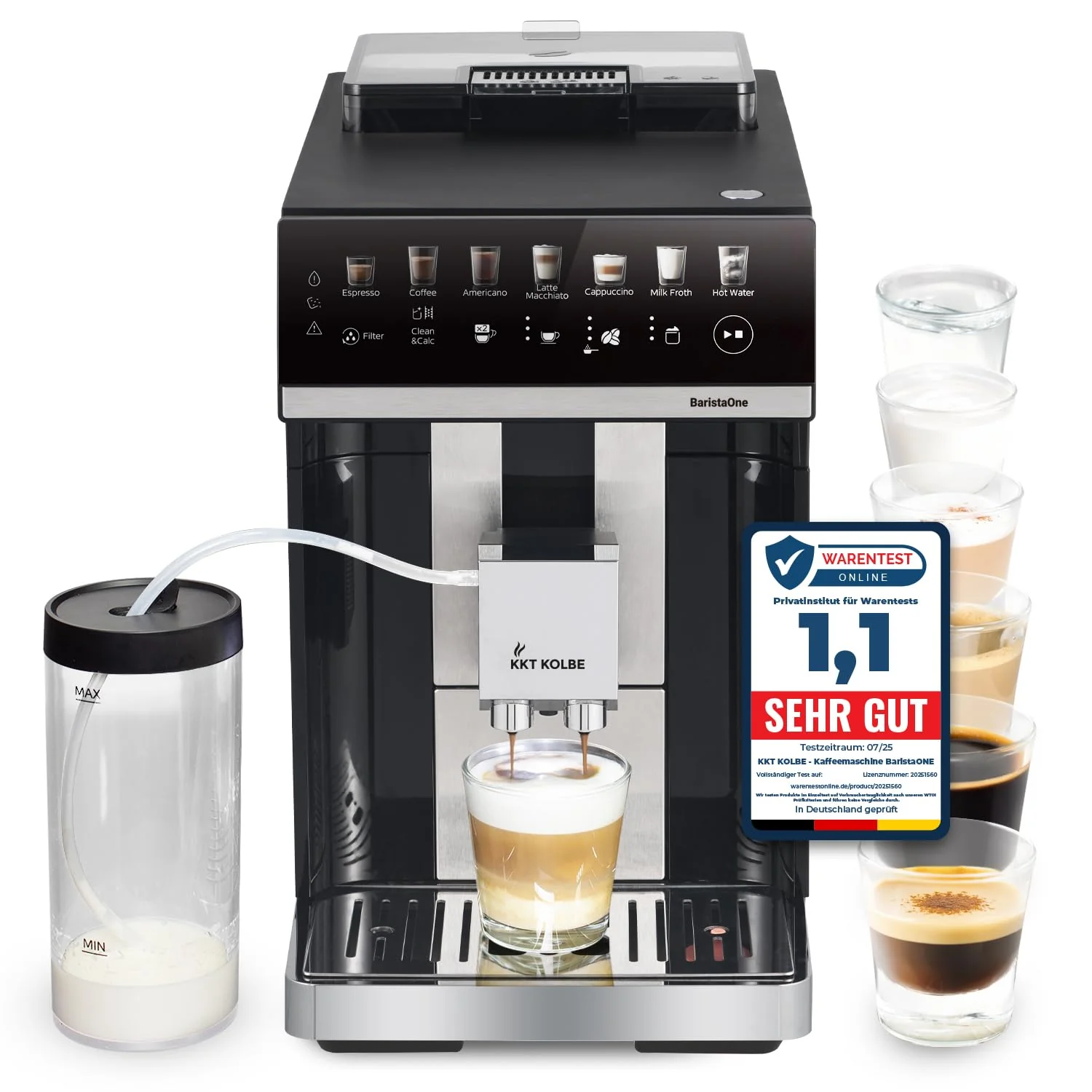 KKT KOLBE Kaffeevollautomat mit Milchbehälter, Milchschaumdüse und Zubehör, 2 Tassen Funktion, 15 Bar, 7-stufiges Mahlwerk, Touchscreen, Automatische Reinigung, 7 Getränke Barista One, schwarz silber
