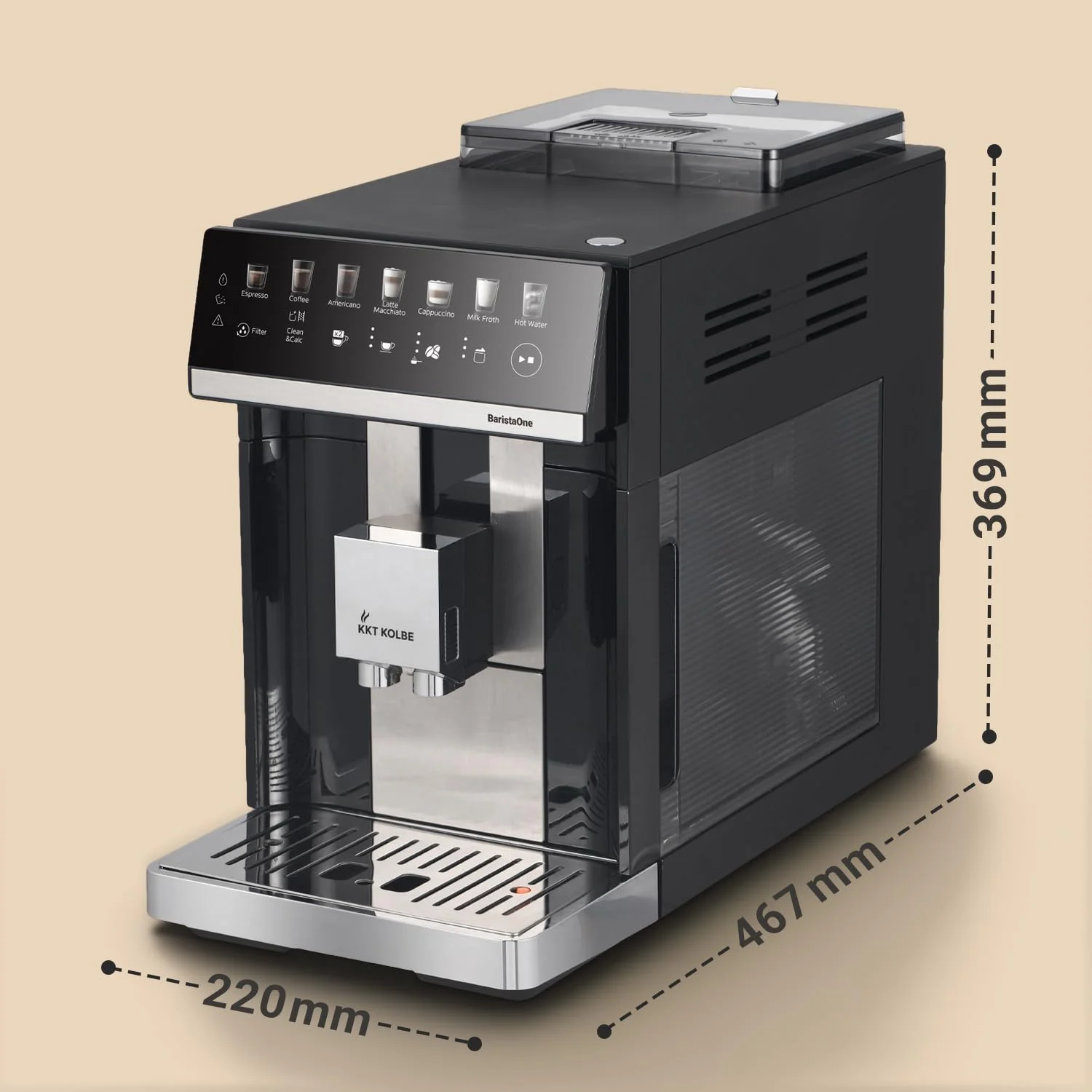 KKT KOLBE Kaffeevollautomat mit Milchbehälter, Milchschaumdüse und Zubehör, 2 Tassen Funktion, 15 Bar, 7-stufiges Mahlwerk, Touchscreen, Automatische Reinigung, 7 Getränke Barista One, schwarz silber - Image 2