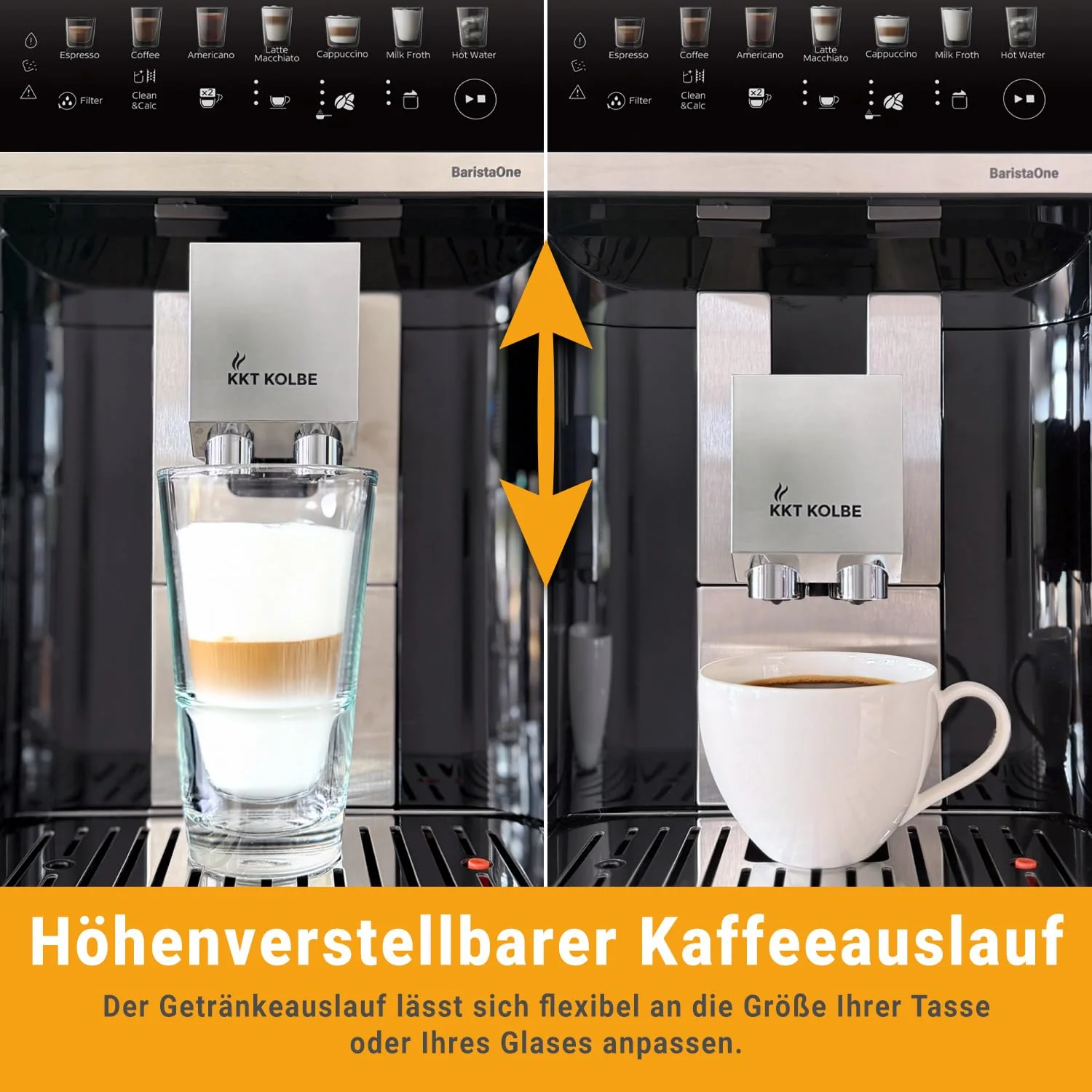 KKT KOLBE Kaffeevollautomat mit Milchbehälter, Milchschaumdüse und Zubehör, 2 Tassen Funktion, 15 Bar, 7-stufiges Mahlwerk, Touchscreen, Automatische Reinigung, 7 Getränke Barista One, schwarz silber - Image 6