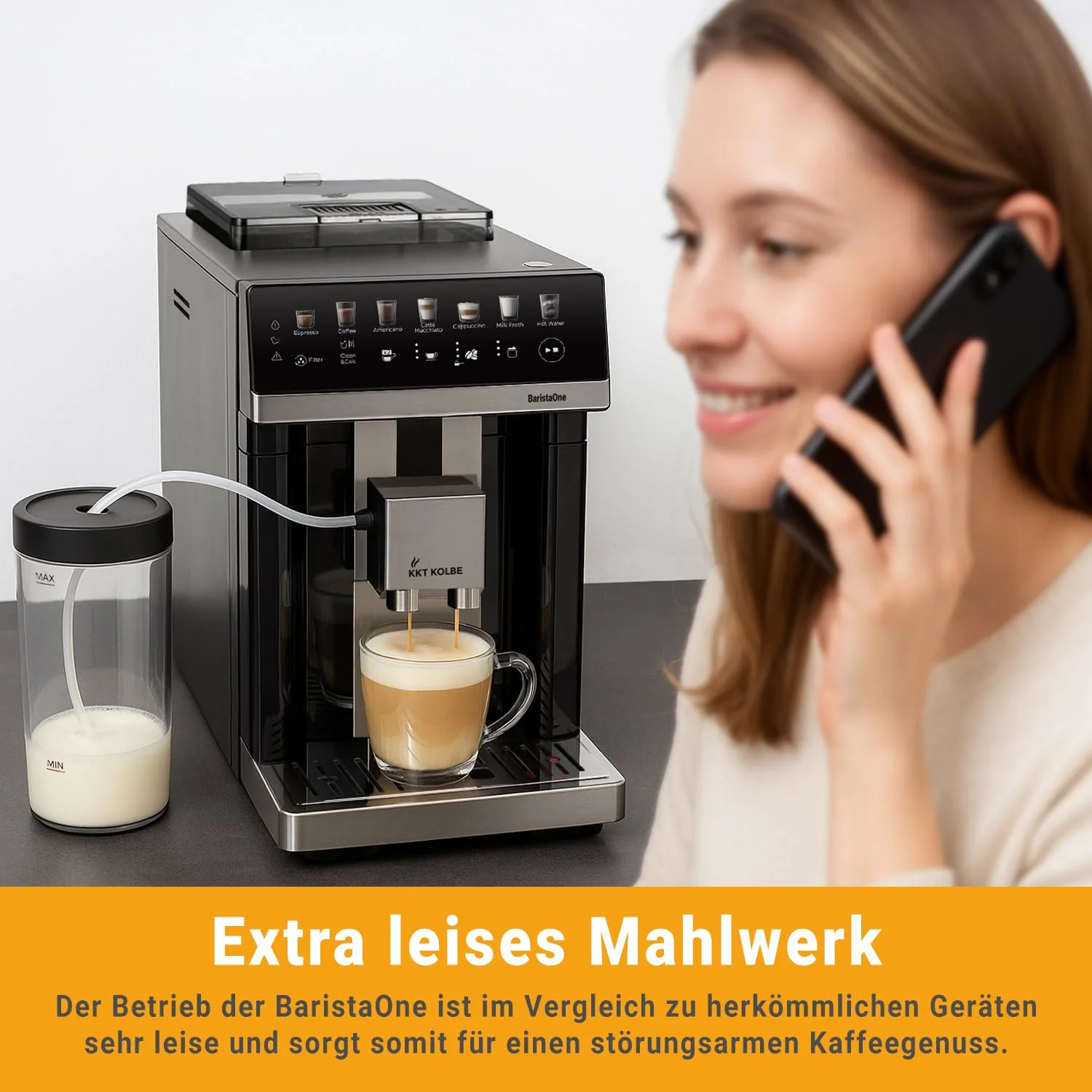 KKT KOLBE Kaffeevollautomat mit Milchbehälter, Milchschaumdüse und Zubehör, 2 Tassen Funktion, 15 Bar, 7-stufiges Mahlwerk, Touchscreen, Automatische Reinigung, 7 Getränke Barista One, schwarz silber - Image 7