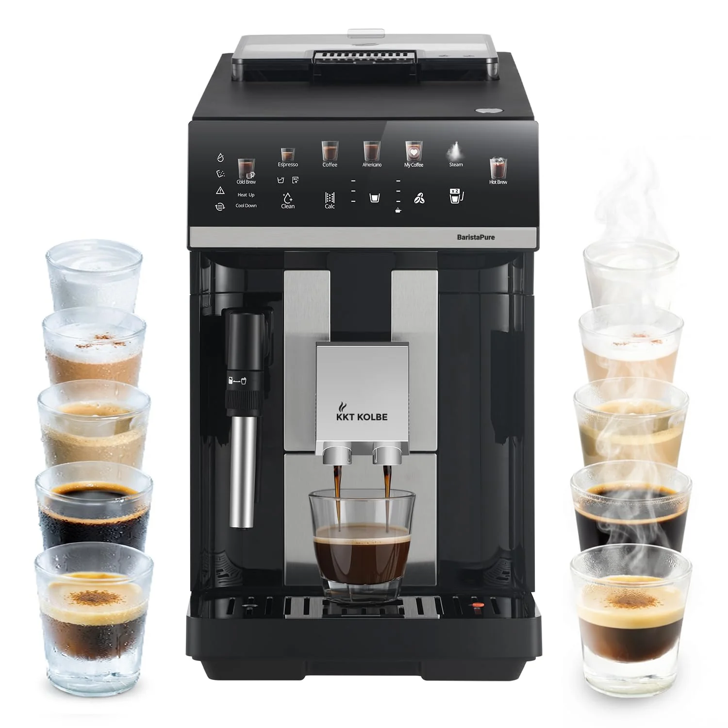 KKT KOLBE Kaffeevollautomat mit Milchschaumdüse, ColdBrew und Zubehör, 2 Tassen Funktion, 15 Bar, 7-stufiges Mahlwerk, Touchscreen, Automatische Reinigung, 4 Getränke, Schwarz Silber, Barista Pure