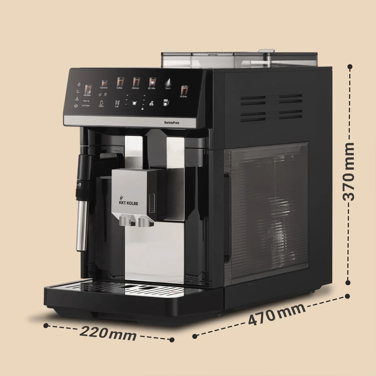 KKT KOLBE Kaffeevollautomat mit Milchschaumdüse, ColdBrew und Zubehör, 2 Tassen Funktion, 15 Bar, 7-stufiges Mahlwerk, Touchscreen, Automatische Reinigung, 4 Getränke, Schwarz Silber, Barista Pure - Image 3
