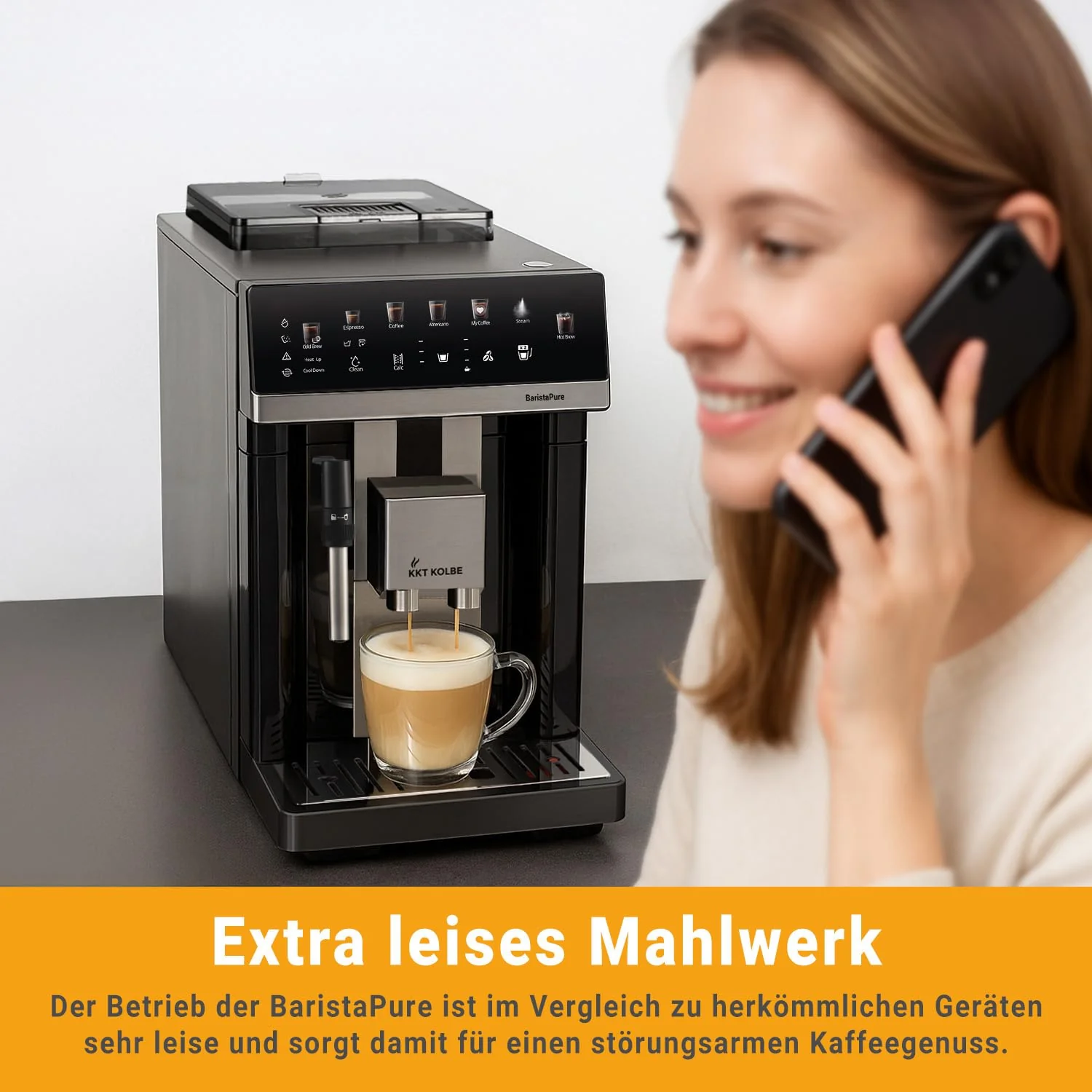 KKT KOLBE Kaffeevollautomat mit Milchschaumdüse, ColdBrew und Zubehör, 2 Tassen Funktion, 15 Bar, 7-stufiges Mahlwerk, Touchscreen, Automatische Reinigung, 4 Getränke, Schwarz Silber, Barista Pure - Image 5
