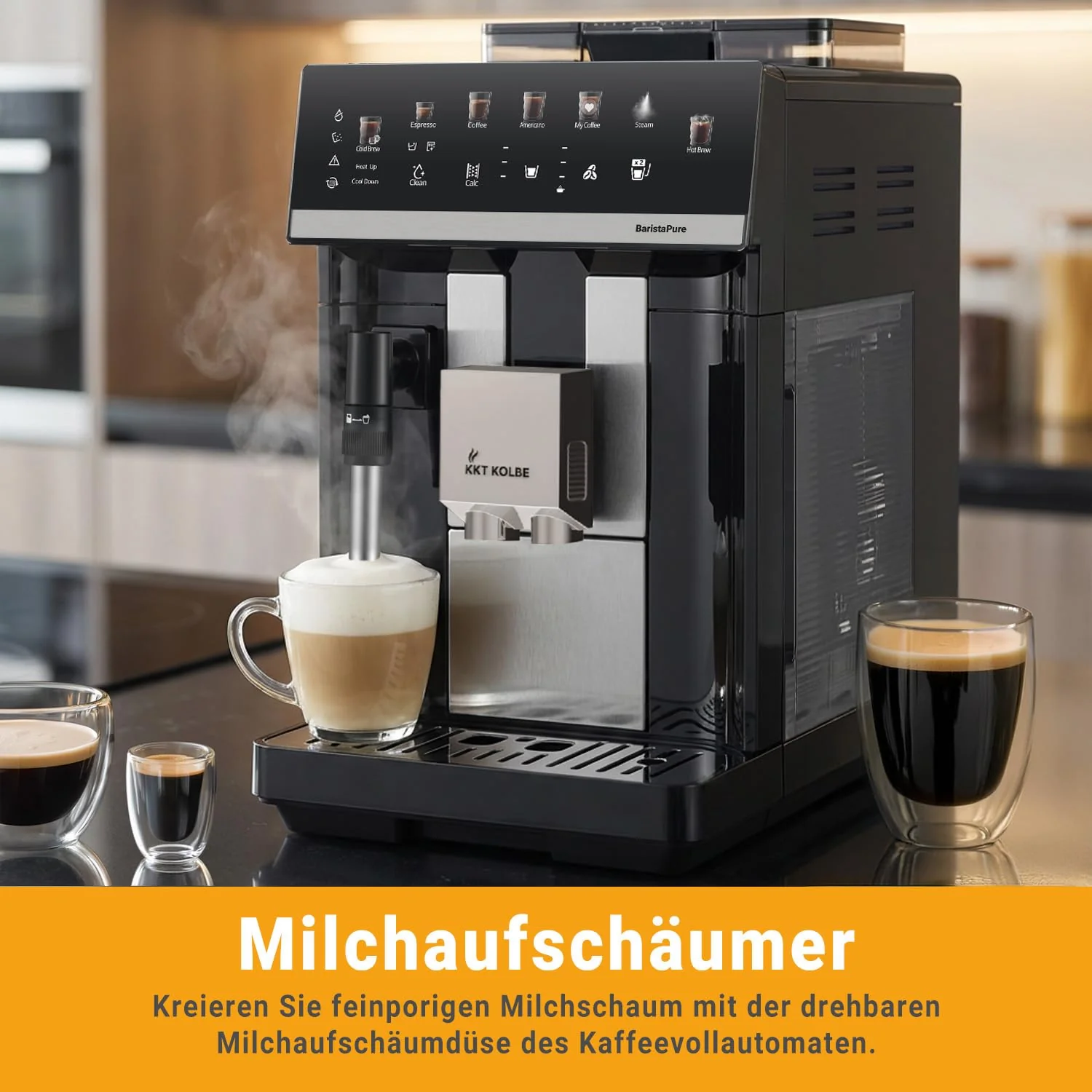 KKT KOLBE Kaffeevollautomat mit Milchschaumdüse, ColdBrew und Zubehör, 2 Tassen Funktion, 15 Bar, 7-stufiges Mahlwerk, Touchscreen, Automatische Reinigung, 4 Getränke, Schwarz Silber, Barista Pure - Image 6