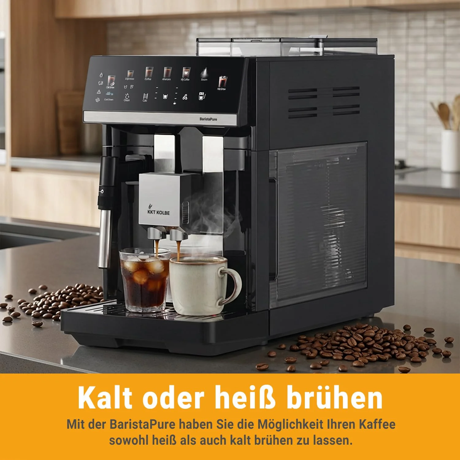 KKT KOLBE Kaffeevollautomat mit Milchschaumdüse, ColdBrew und Zubehör, 2 Tassen Funktion, 15 Bar, 7-stufiges Mahlwerk, Touchscreen, Automatische Reinigung, 4 Getränke, Schwarz Silber, Barista Pure - Image 9