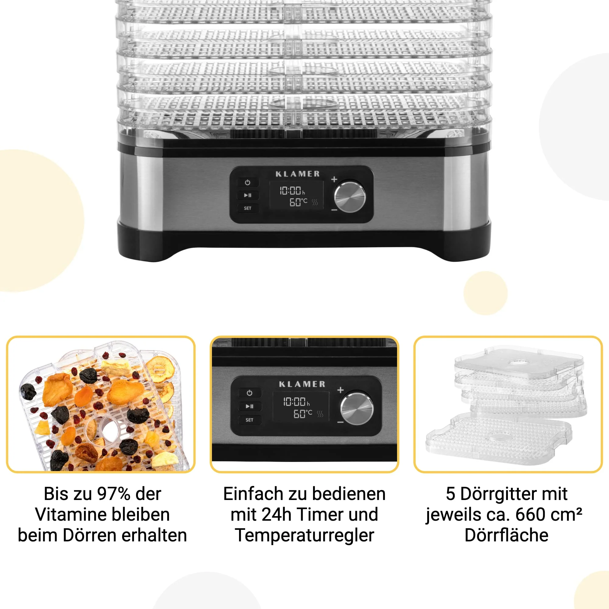 KLAMER Dörrautomat 400W, 24h-Timer und 35-70°C Temperaturregler, 5 höhenverstellbare Einlegefächer, Trockner mit Edelstahlverkleidung, BPA frei - Image 3