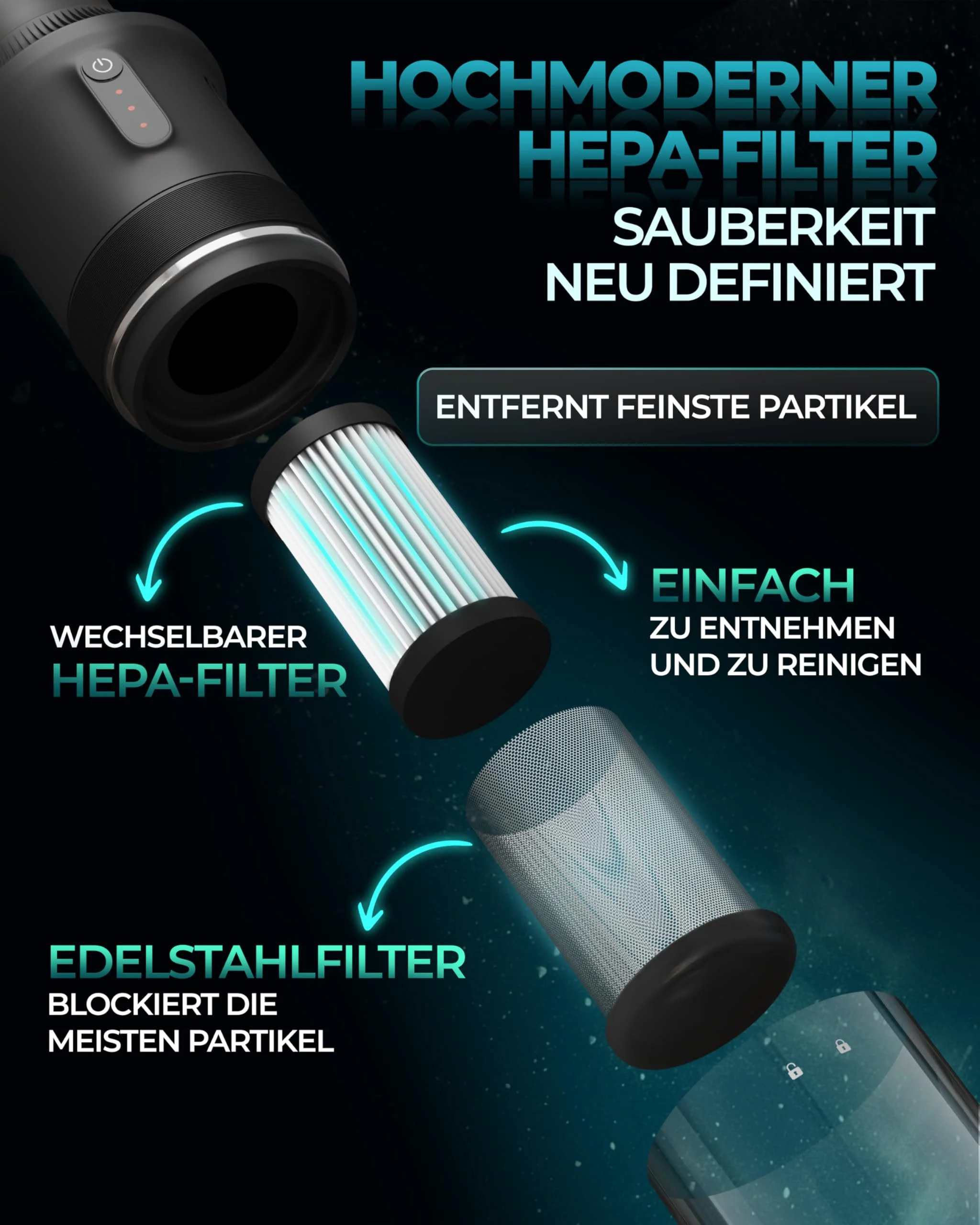 KLAMER Handstaubsauger, 140W Akku Handstaubsauger, Leistungsstark mit 16.000 PA und 36 min Laufzeit, Kabelloser Handstaubsauger inkl. Ladestation für Büro, Haus & Auto, beutellos - Image 2