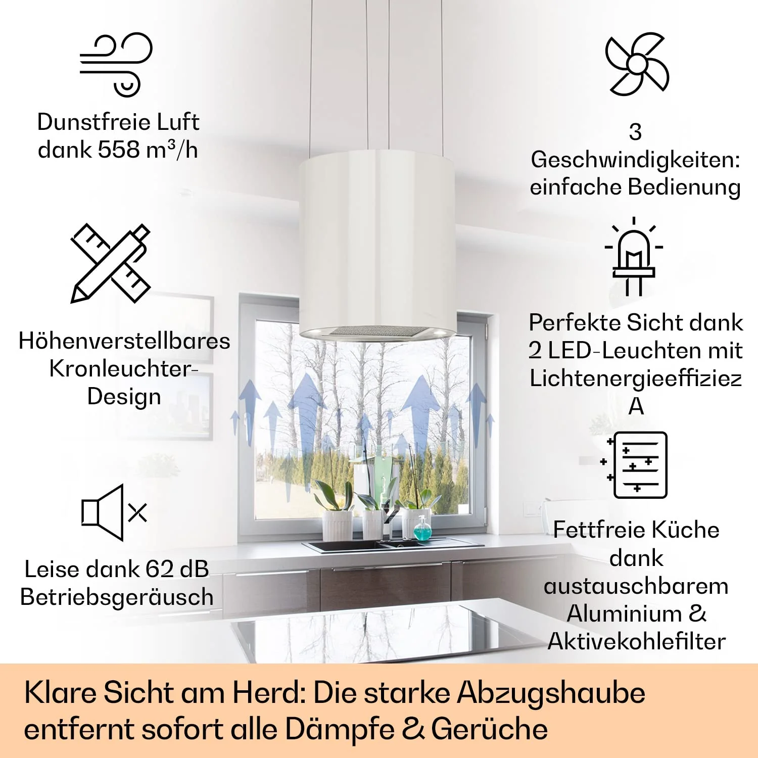 Klarstein Barett Inselabzugshaube - Dunstabzugshaube, Inselhaube, Ø 35cm, 190 W Motorleistung, max. 560 m³/h Umluftleistung, 3 Leistungsstufen, LED-Kochflächenbeleuchtung, Edelstahl, weiß - Image 5