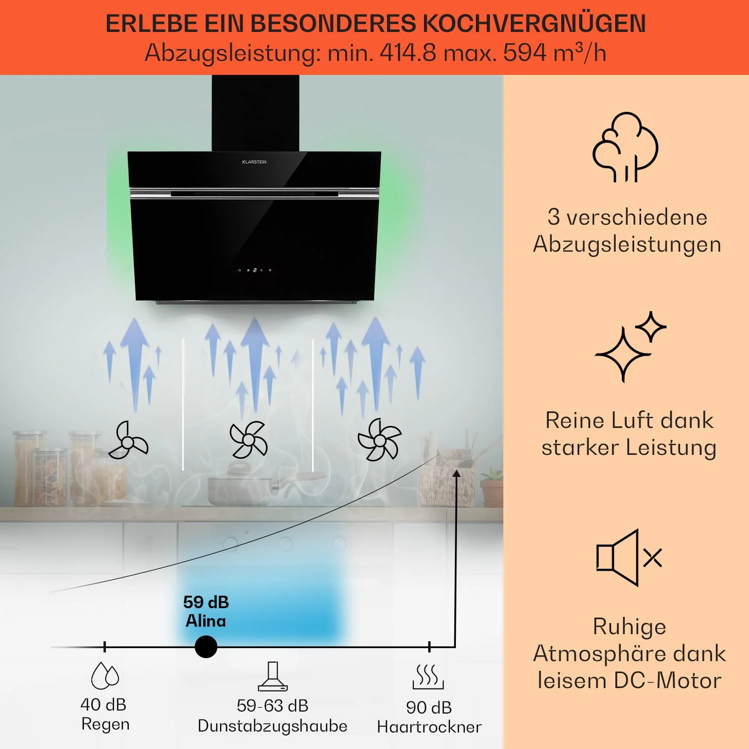Klarstein Dunstabzugshaube 60cm, Umluft/Abluft-Dunstabzugshaube mit RGB-LEDs, Leistungsstarke Abzugshaube Leise, 594 m³/h Luftstrom, Schräghaube mit Aktivfilter & IoT/WiFi, Dunstabzug 60 cm