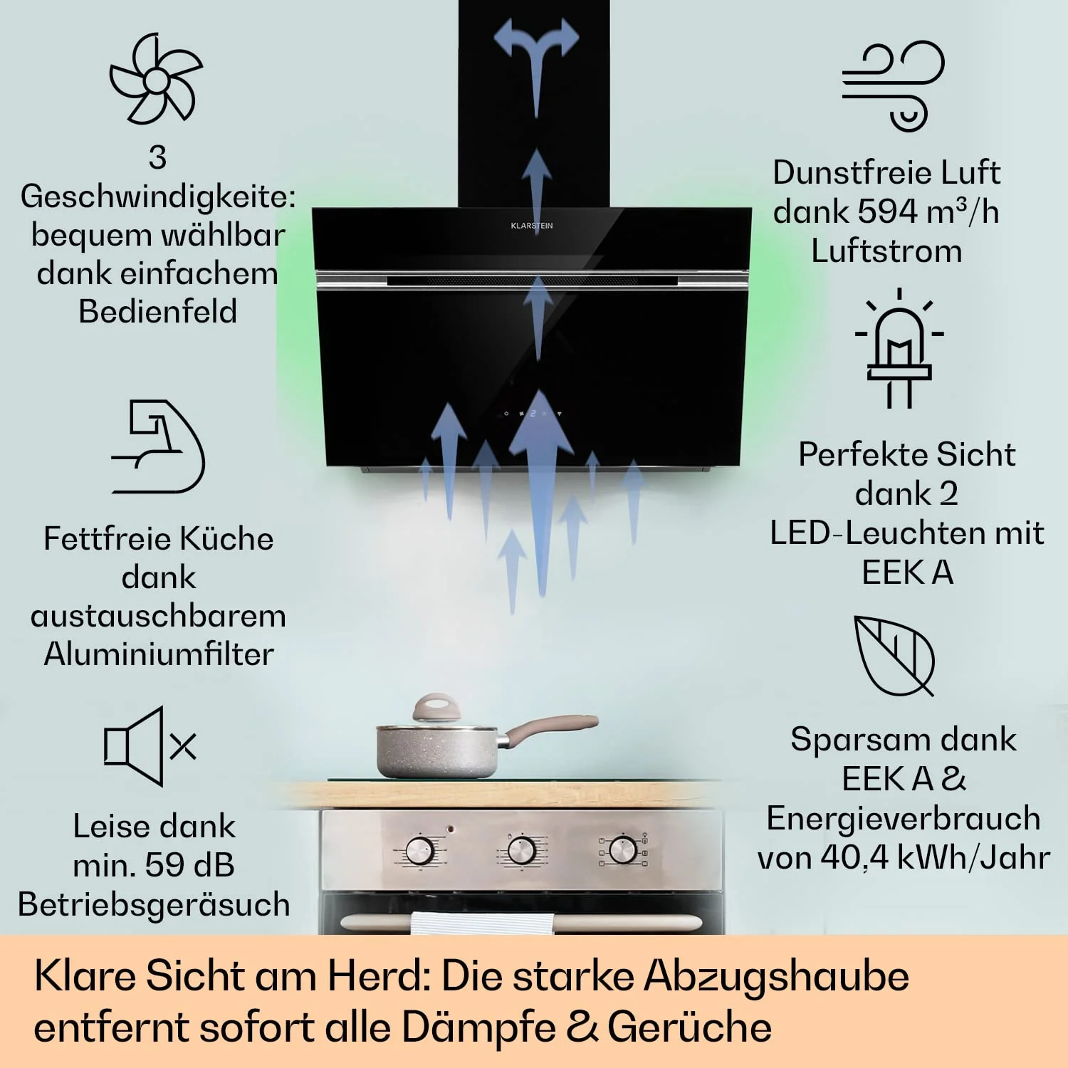 Klarstein Dunstabzugshaube 60cm, Umluft/Abluft-Dunstabzugshaube mit RGB-LEDs, Leistungsstarke Abzugshaube Leise, 594 m³/h Luftstrom, Schräghaube mit Aktivfilter & IoT/WiFi, Dunstabzug 60 cm - Image 3