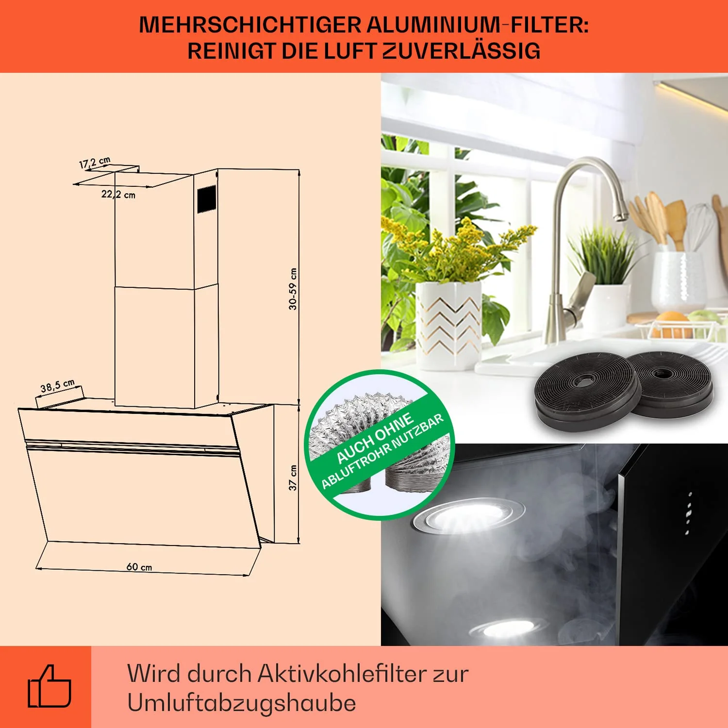 Klarstein Dunstabzugshaube 60cm, Umluft/Abluft-Dunstabzugshaube mit RGB-LEDs, Leistungsstarke Abzugshaube Leise, 594 m³/h Luftstrom, Schräghaube mit Aktivfilter & IoT/WiFi, Dunstabzug 60 cm - Image 5