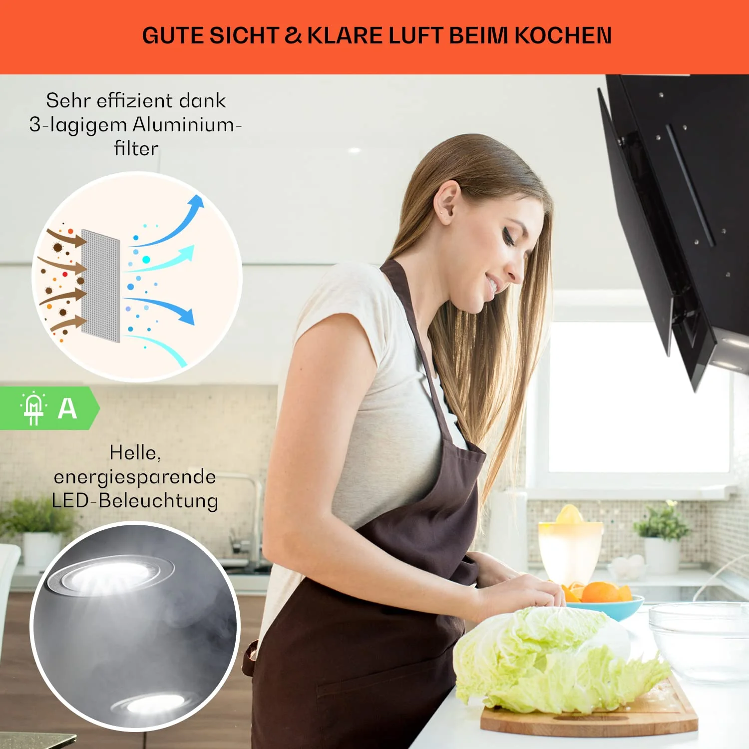 Klarstein Dunstabzugshaube 60cm, Umluft/Abluft-Dunstabzugshaube mit RGB-LEDs, Leistungsstarke Abzugshaube Leise, 594 m³/h Luftstrom, Schräghaube mit Aktivfilter & IoT/WiFi, Dunstabzug 60 cm - Image 6