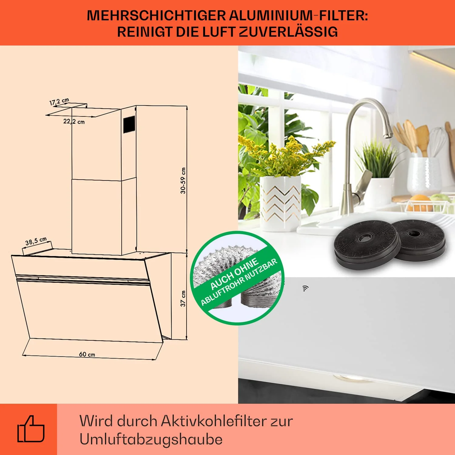 Klarstein Dunstabzugshaube, Abzugshaube für Küchen, Dunstabzugshaube mit Filter, Dunstabzug mit 594 m³/h Luftstrom, Wandhaube mit LED Beleuchtung, Energieklasse A, Dunstabzugshaube 60cm Umluft - Image 2