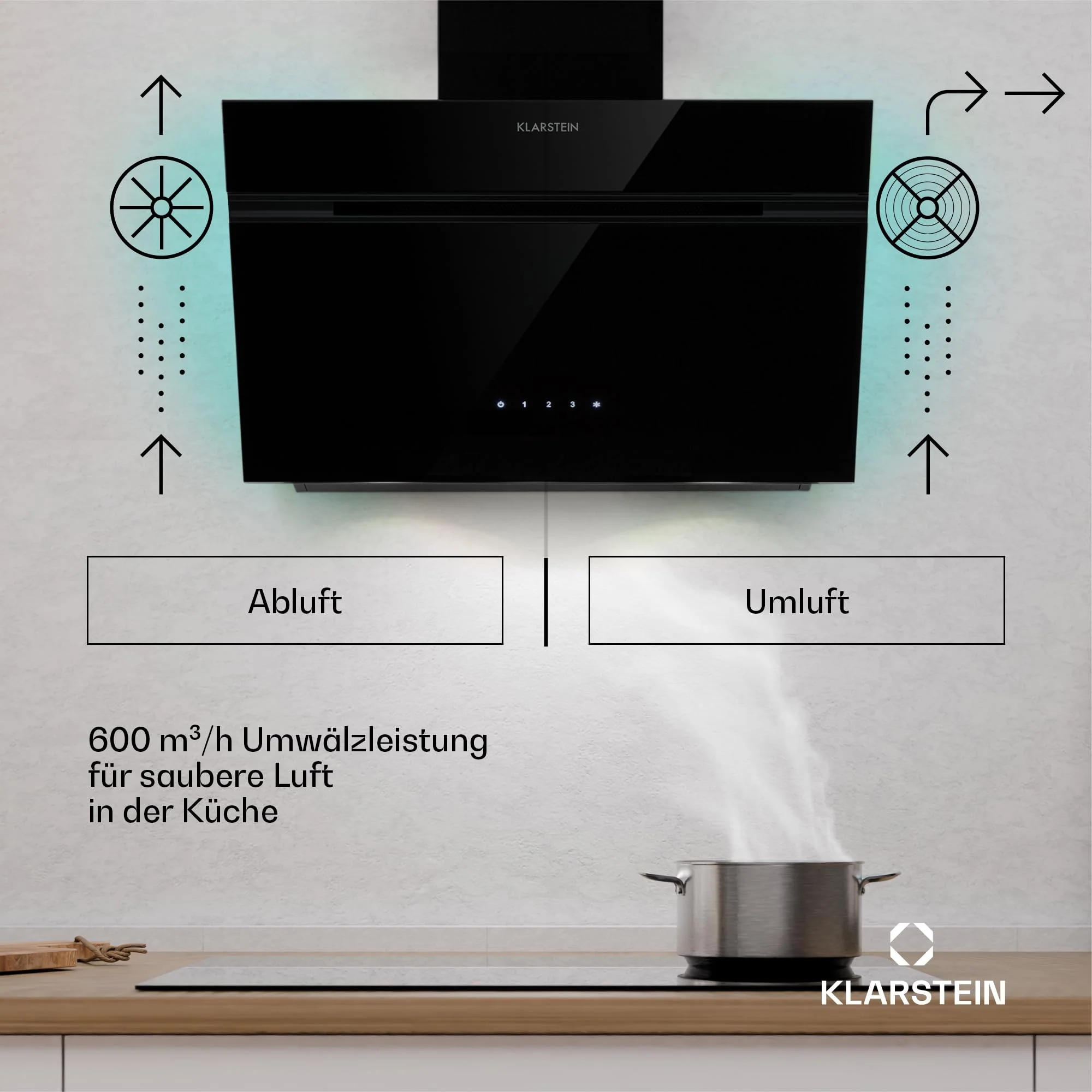 Klarstein Dunstabzugshaube Alina - 60-cm-Wandhaube, 600 m³/h Luftstrom, Energieeffizienzklasse A, LED-Beleuchtung in 9 Farben, Touch-Bedienfeld, Umluftbetrieb, Schwarz - Image 2