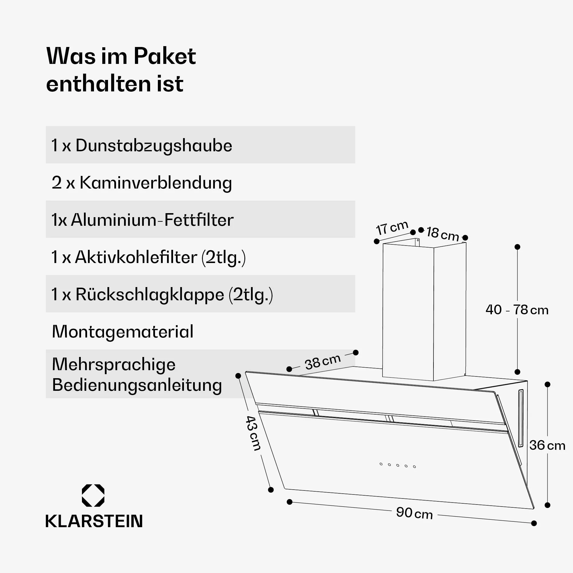 Klarstein Dunstabzugshaube Alina - 90-cm-Wandhaube, 615 m³/h Luftstrom, Energieeffizienzklasse A, LED-Beleuchtung in 9 Farben, Touch-Bedienfeld, Umluftbetrieb, Schwarz - Image 2