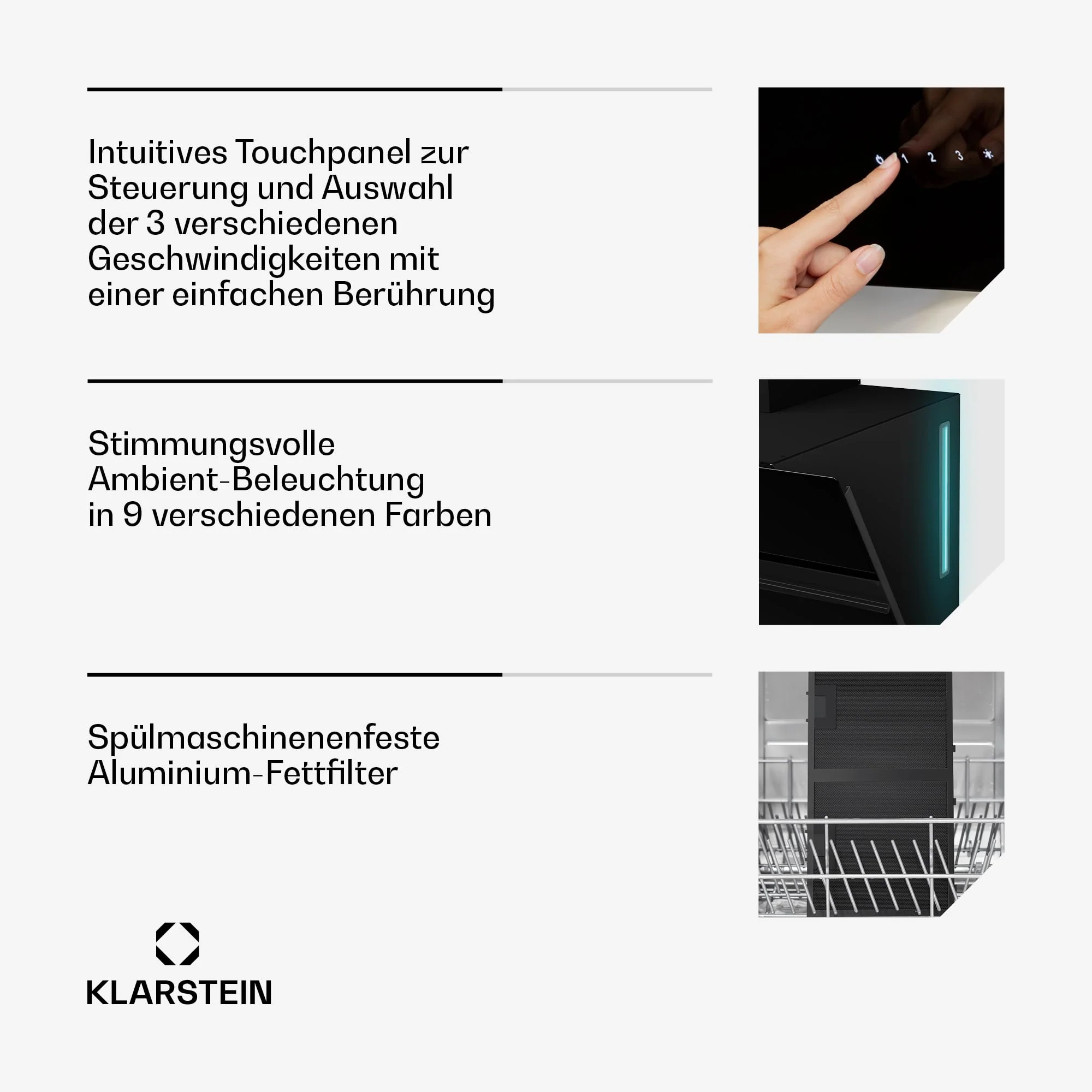 Klarstein Dunstabzugshaube Alina - 90-cm-Wandhaube, 615 m³/h Luftstrom, Energieeffizienzklasse A, LED-Beleuchtung in 9 Farben, Touch-Bedienfeld, Umluftbetrieb, Schwarz - Image 3