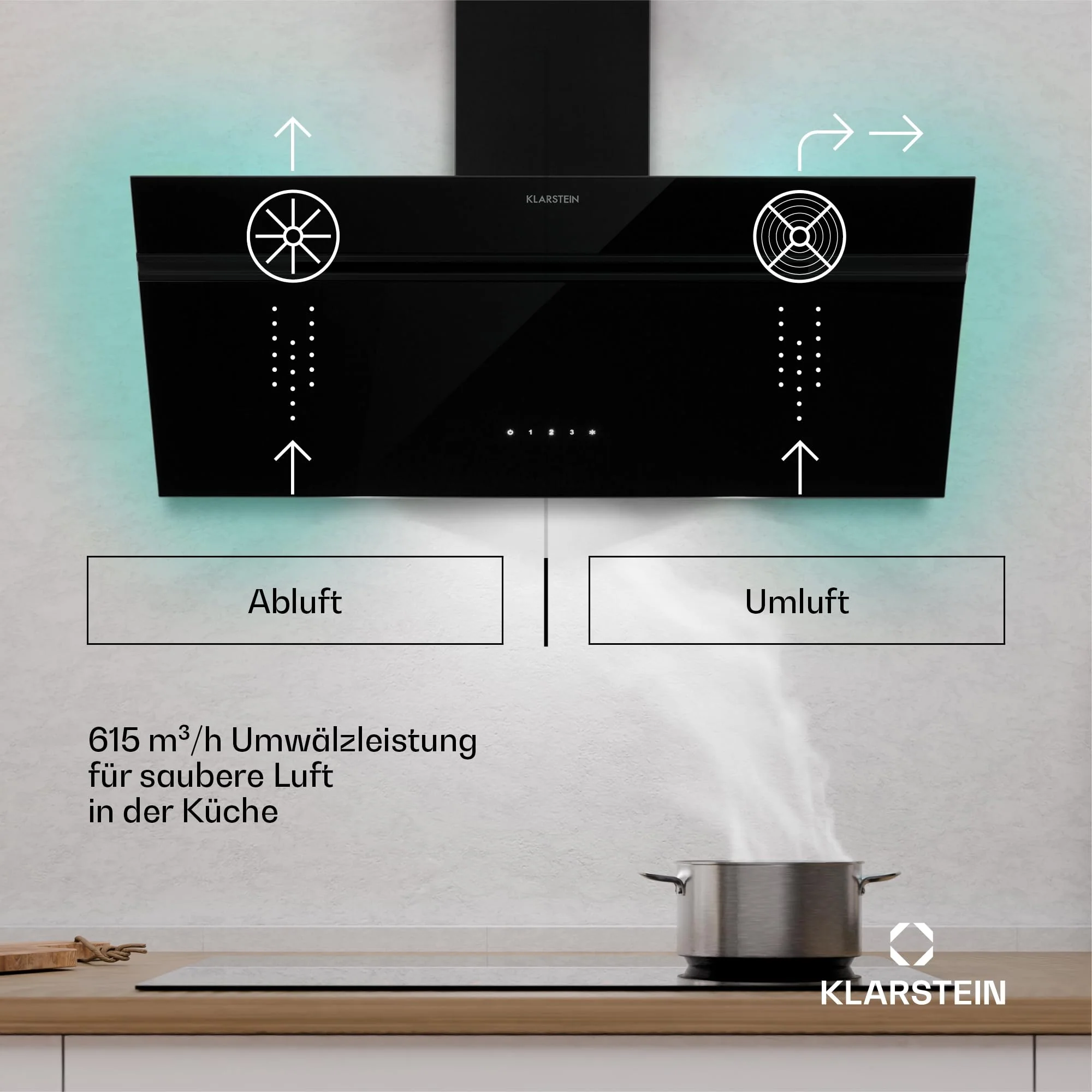 Klarstein Dunstabzugshaube Alina - 90-cm-Wandhaube, 615 m³/h Luftstrom, Energieeffizienzklasse A, LED-Beleuchtung in 9 Farben, Touch-Bedienfeld, Umluftbetrieb, Schwarz - Image 7