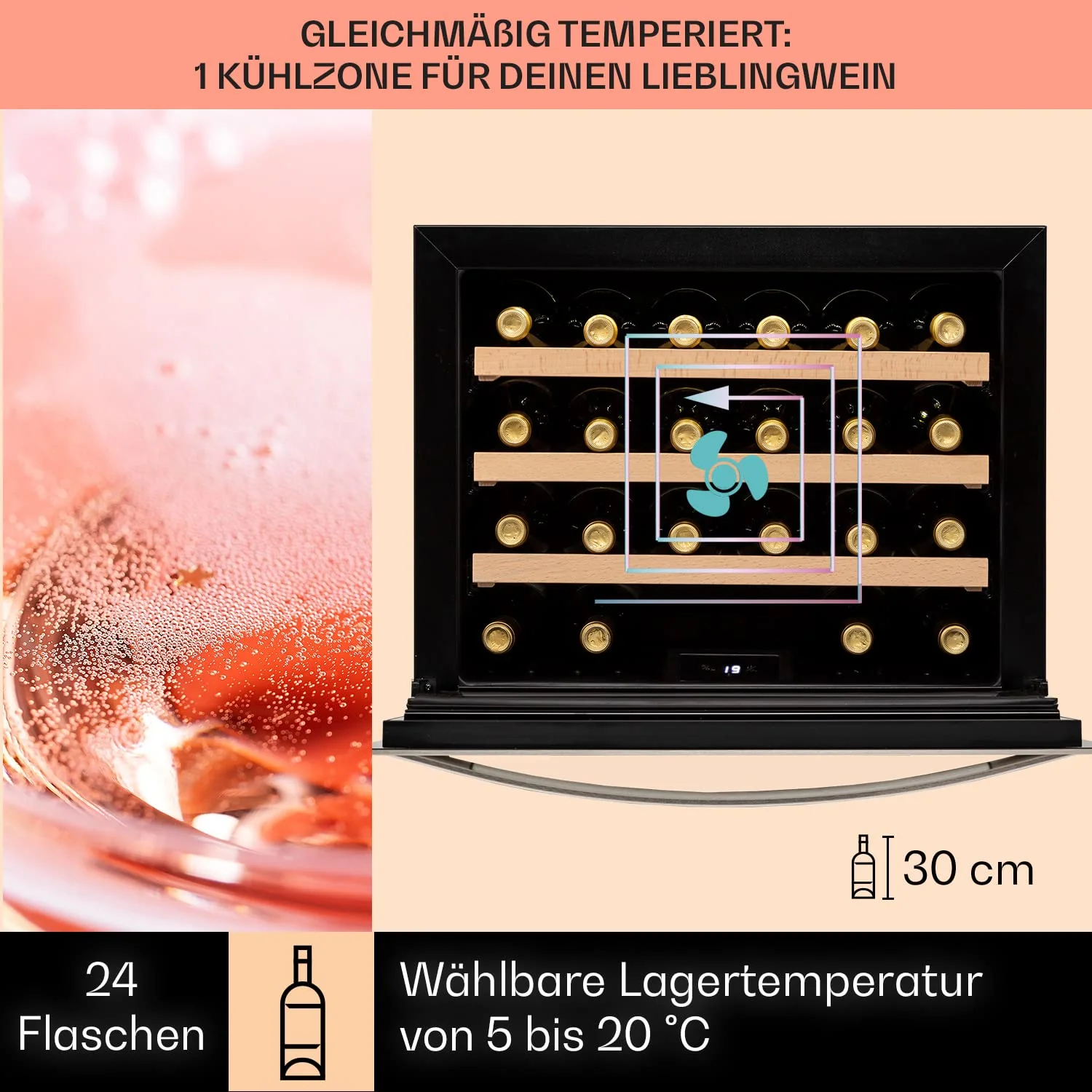 Klarstein Einbau-Weinkühlschrank, 1 Zonen Getränkekühlschrank Klein, Kleiner Weinschrank, 51L Wein-Kühlschrank Klein mit Glastür & Top-Down Tür, Flaschenkühlschrank Wine Fridge für 24 Flaschen - Image 3
