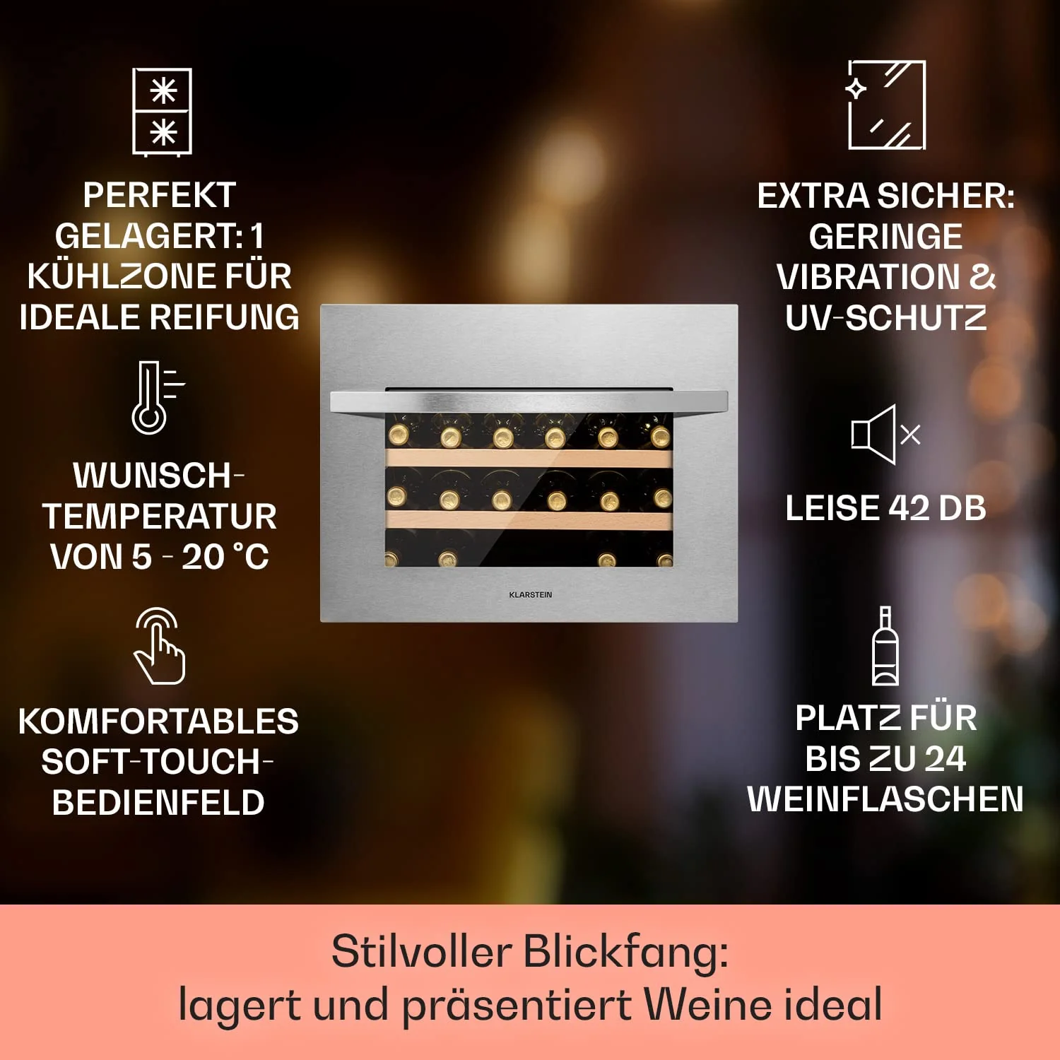 Klarstein Einbau-Weinkühlschrank, 1 Zonen Getränkekühlschrank Klein, Kleiner Weinschrank, 51L Wein-Kühlschrank Klein mit Glastür & Top-Down Tür, Flaschenkühlschrank Wine Fridge für 24 Flaschen - Image 6