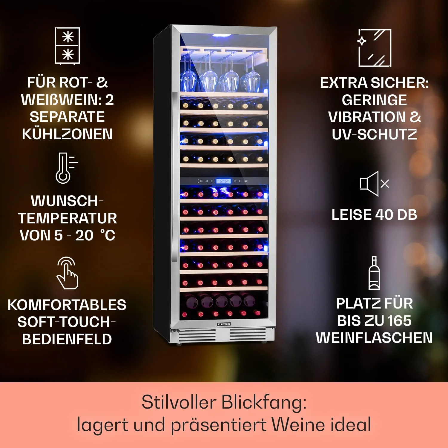 Klarstein Einbau-Weinkühlschrank, 2 Zonen Getränkekühlschrank Klein, Kleiner Weinschrank 433L, Wein-Kühlschrank Klein mit Glastür, Indoor/Outdoor Flaschenkühlschrank, Wine Fridge 165 Flaschen - Image 7