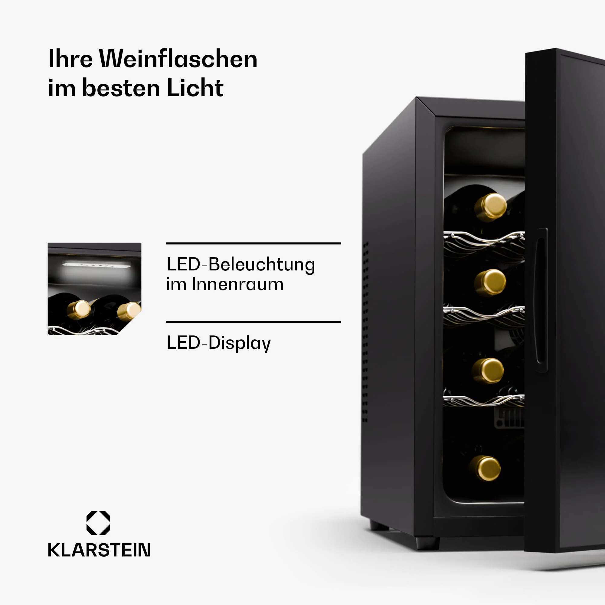 Klarstein Freistehender Weinkühlschrank, 1 Zonen Getränkekühlschrank Klein, Kleiner Weinschrank, Wein-Kühlschrank mit Glastür, Leiser Flaschenkühlschrank für Wein & Bier, 5-22°C, 16 Flaschen