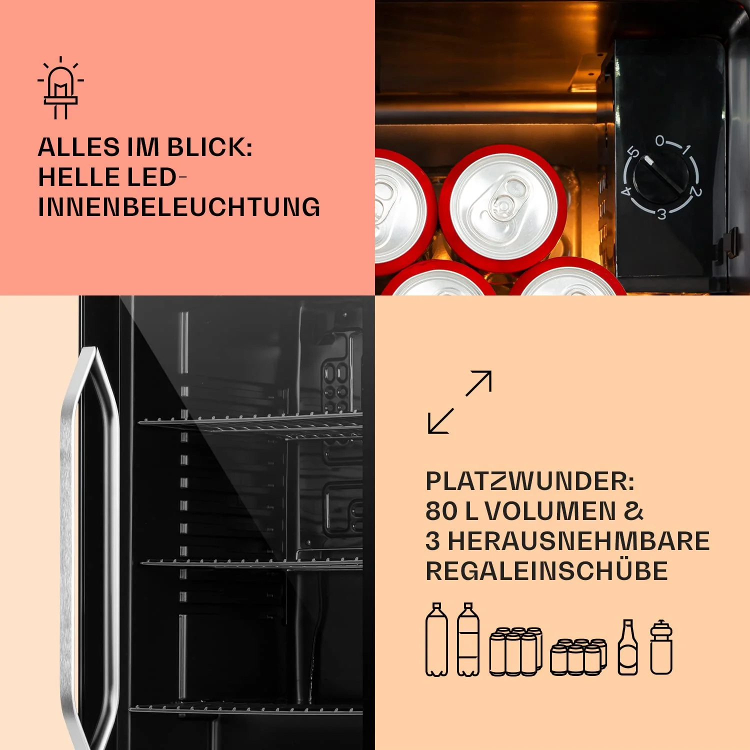 Klarstein Getränkekühlschrank, Kühlschrank Klein mit 3 Ablagen, Minikühlschrank Lautlos für Büro Camping Outdoor, mit Glastür, Mini Fridge 3-10°C, Bierkühlschrank 80 Liter, Schwarz - Image 2