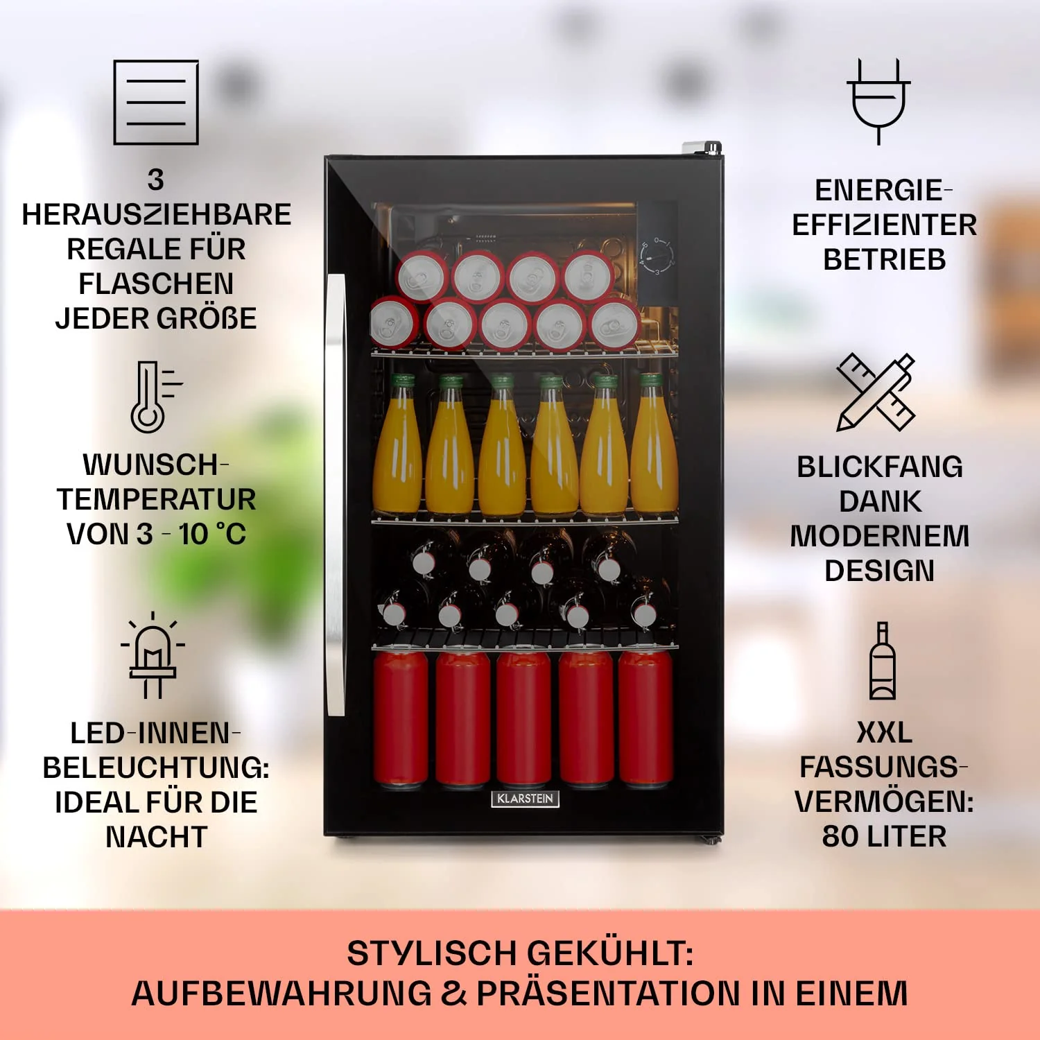 Klarstein Getränkekühlschrank, Kühlschrank Klein mit 3 Ablagen, Minikühlschrank Lautlos für Büro Camping Outdoor, mit Glastür, Mini Fridge 3-10°C, Bierkühlschrank 80 Liter, Schwarz - Image 5