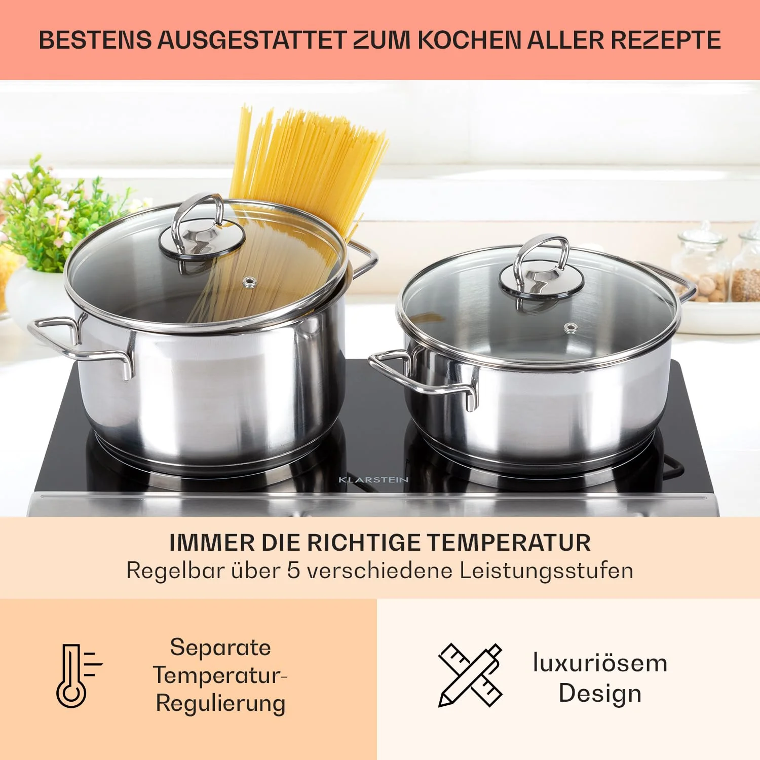 Klarstein Glaskeramik Einbau-Kochfeld mit 2 Platten, 2400 W, zum Kochen, Elektro Modernes Glaskeramikkochfeld, Herdplatte mit 2 Kochfelder, Keramik - Image 2
