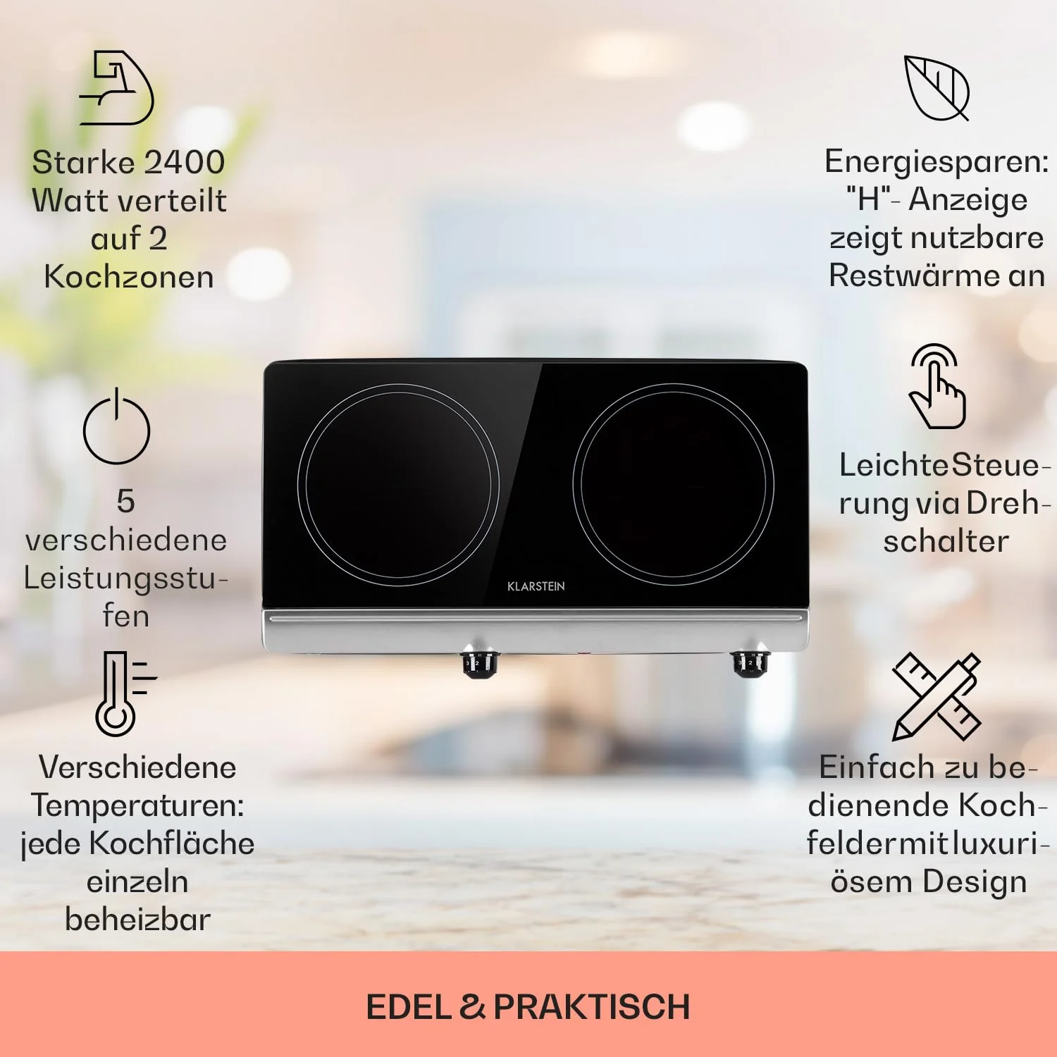 Klarstein Glaskeramik Einbau-Kochfeld mit 2 Platten, 2400 W, zum Kochen, Elektro Modernes Glaskeramikkochfeld, Herdplatte mit 2 Kochfelder, Keramik - Image 5