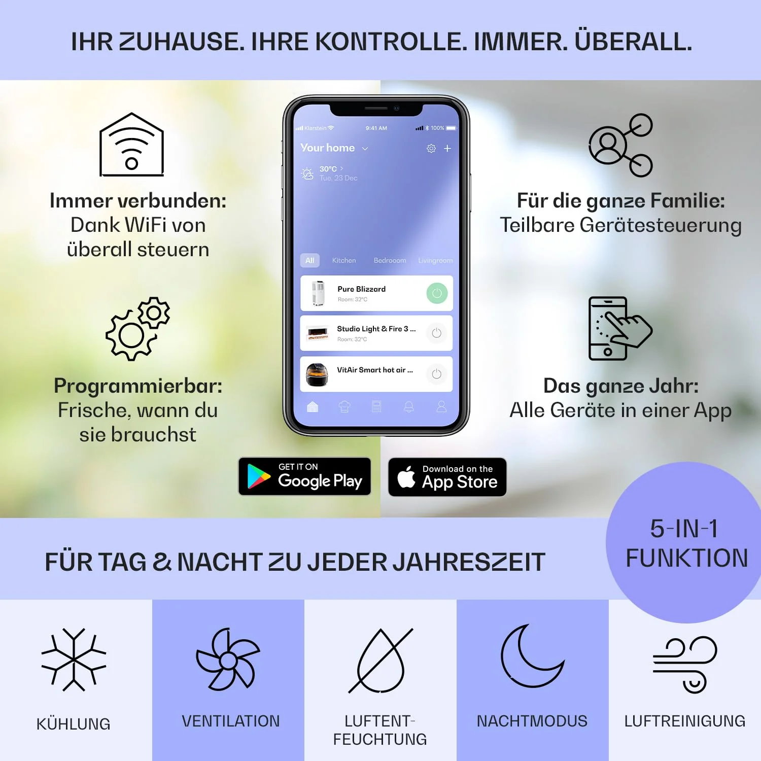 Klarstein Mobile Klimaanlage mit Abluftschlauch, 5-in-1 Klimagerät, Ventilator, Luftentfeuchter, Luftreiniger & Nachtmodus, App-Steuerung, Kleine & Portable für Wohnung & Büro, 10000 BTU - Image 2