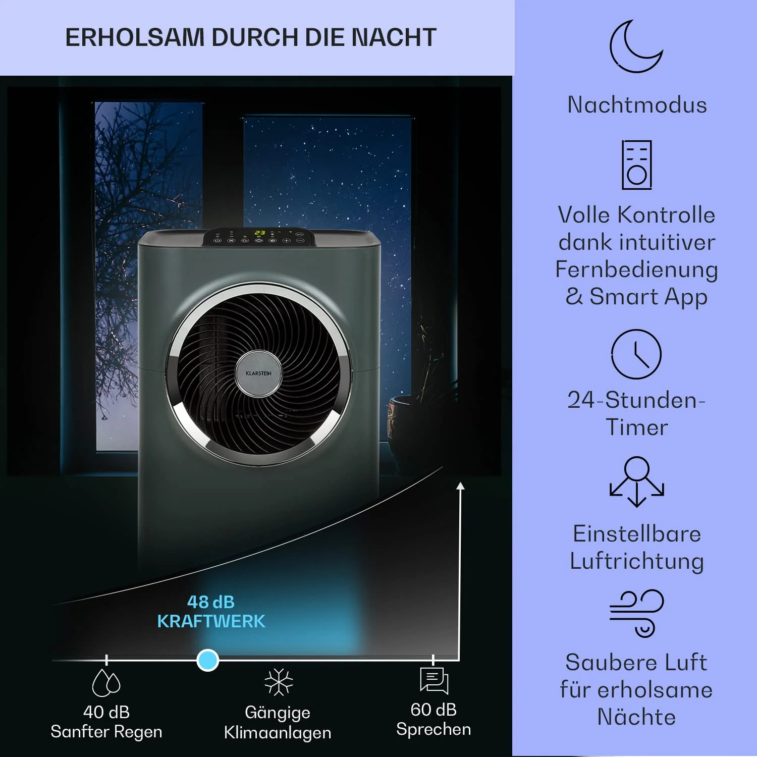 Klarstein Mobile Klimaanlage mit Abluftschlauch, 5-in-1 Klimagerät, Ventilator, Luftentfeuchter, Luftreiniger & Nachtmodus, App-Steuerung, Kleine & Portable für Wohnung & Büro, 10000 BTU - Image 3