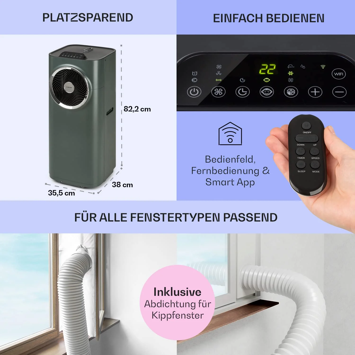 Klarstein Mobile Klimaanlage mit Abluftschlauch, 5-in-1 Klimagerät, Ventilator, Luftentfeuchter, Luftreiniger & Nachtmodus, App-Steuerung, Kleine & Portable Klimaanlage für Wohnung & Büro, 10000 BTU - Image 4