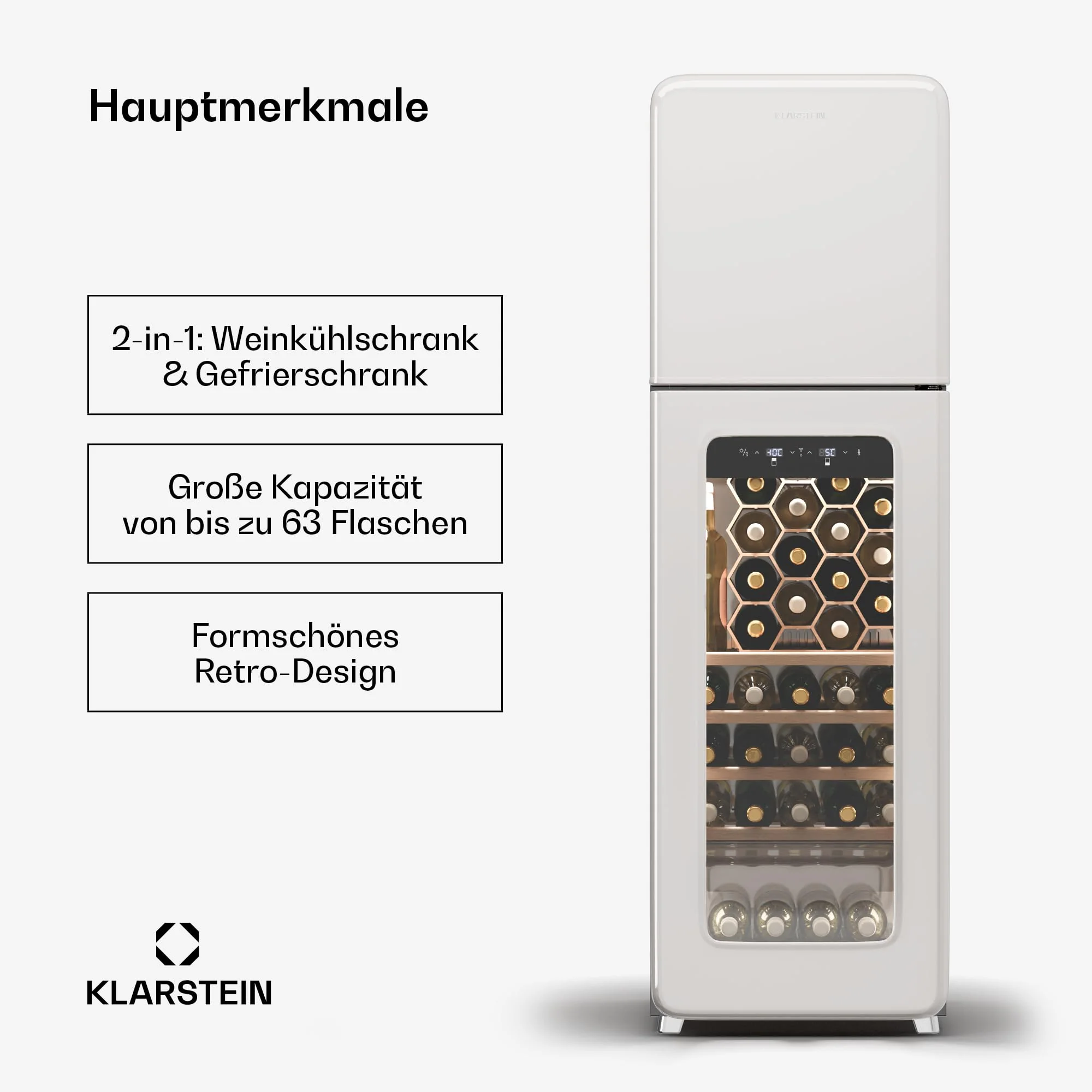 Klarstein Shirley Weinkühlschrank Mit Gefrierfach - 63 Flaschen, Zwei Zonen, –10 bis 18 °C, LED, Freistehend, Retro-Design, Hybrid-Regale, Schwarz - Image 5